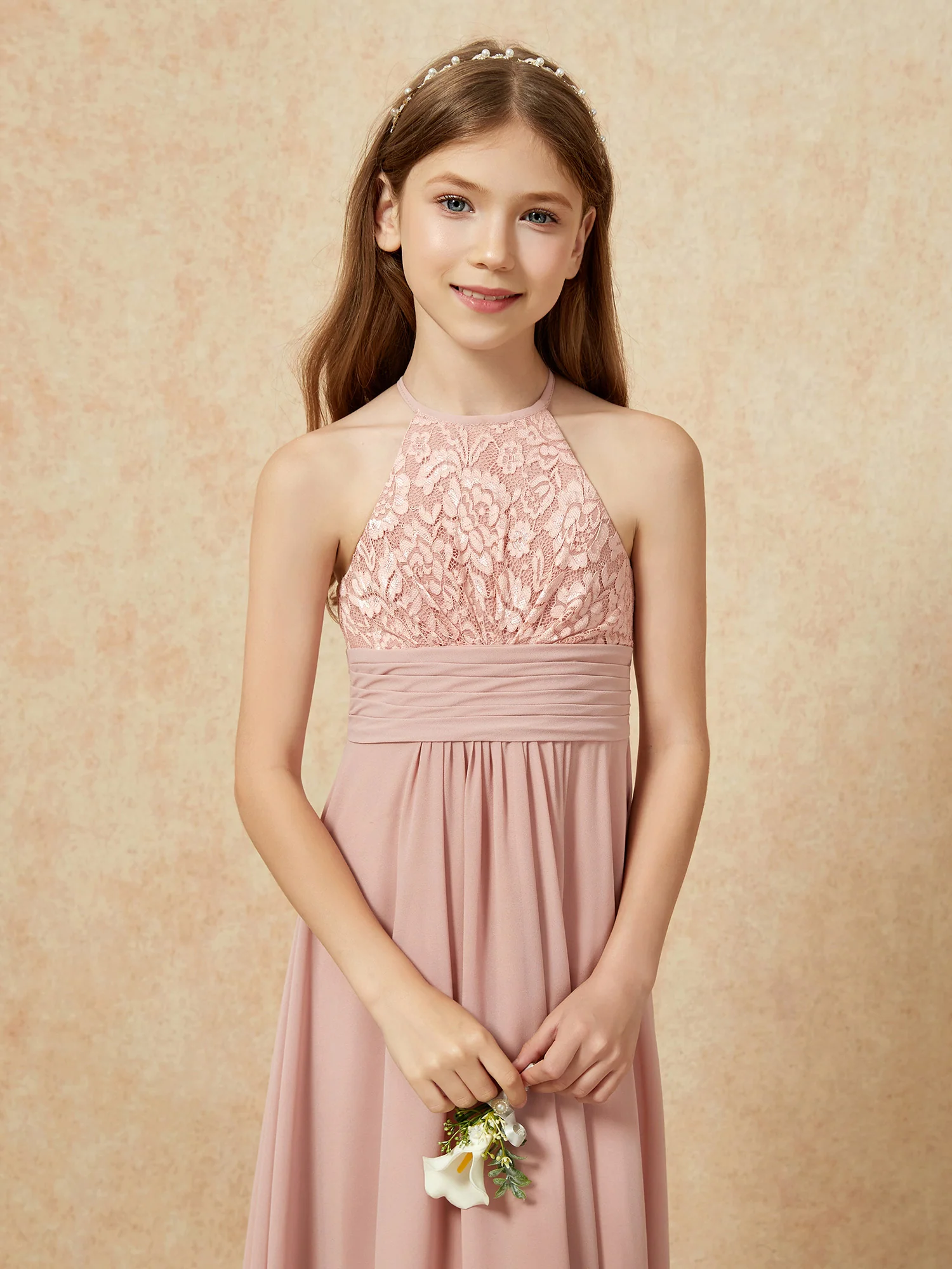 Halter Neck Lace Top Chiffon Junior Bridesmaid Dress Dusty Rose - Image 8
