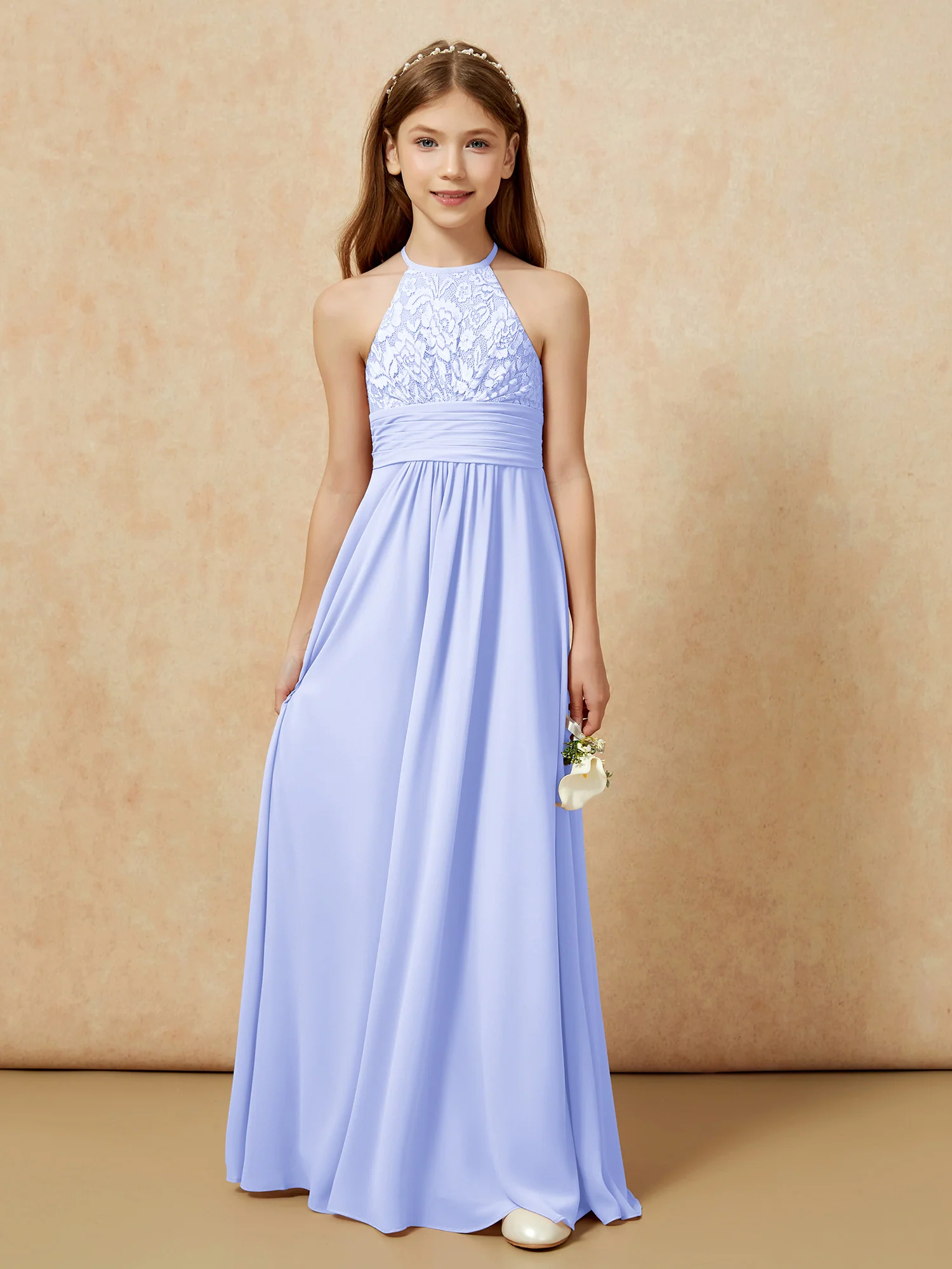 Halter Neck Lace Top Chiffon Junior Bridesmaid Dress Lavender - Image 7