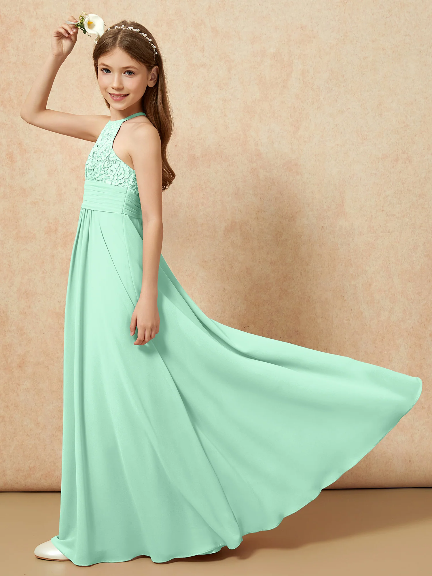 Halter Neck Lace Top Chiffon Junior Bridesmaid Dress Mint Green - Image 6