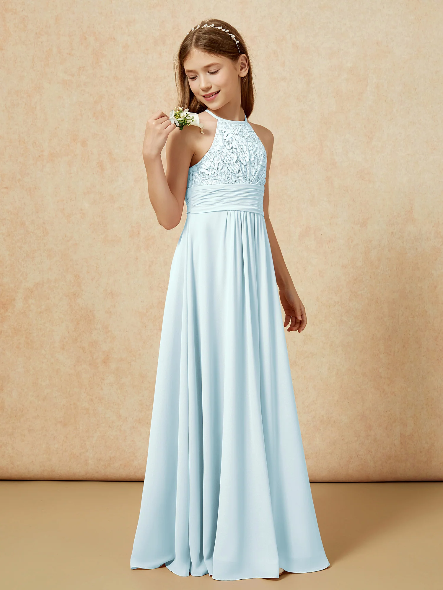 Halter Neck Lace Top Chiffon Junior Bridesmaid Dress Mist - Image 3