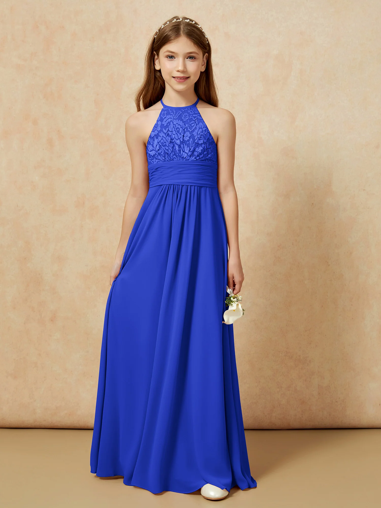 Halter Neck Lace Top Chiffon Junior Bridesmaid Dress Royal Blue - Image 7