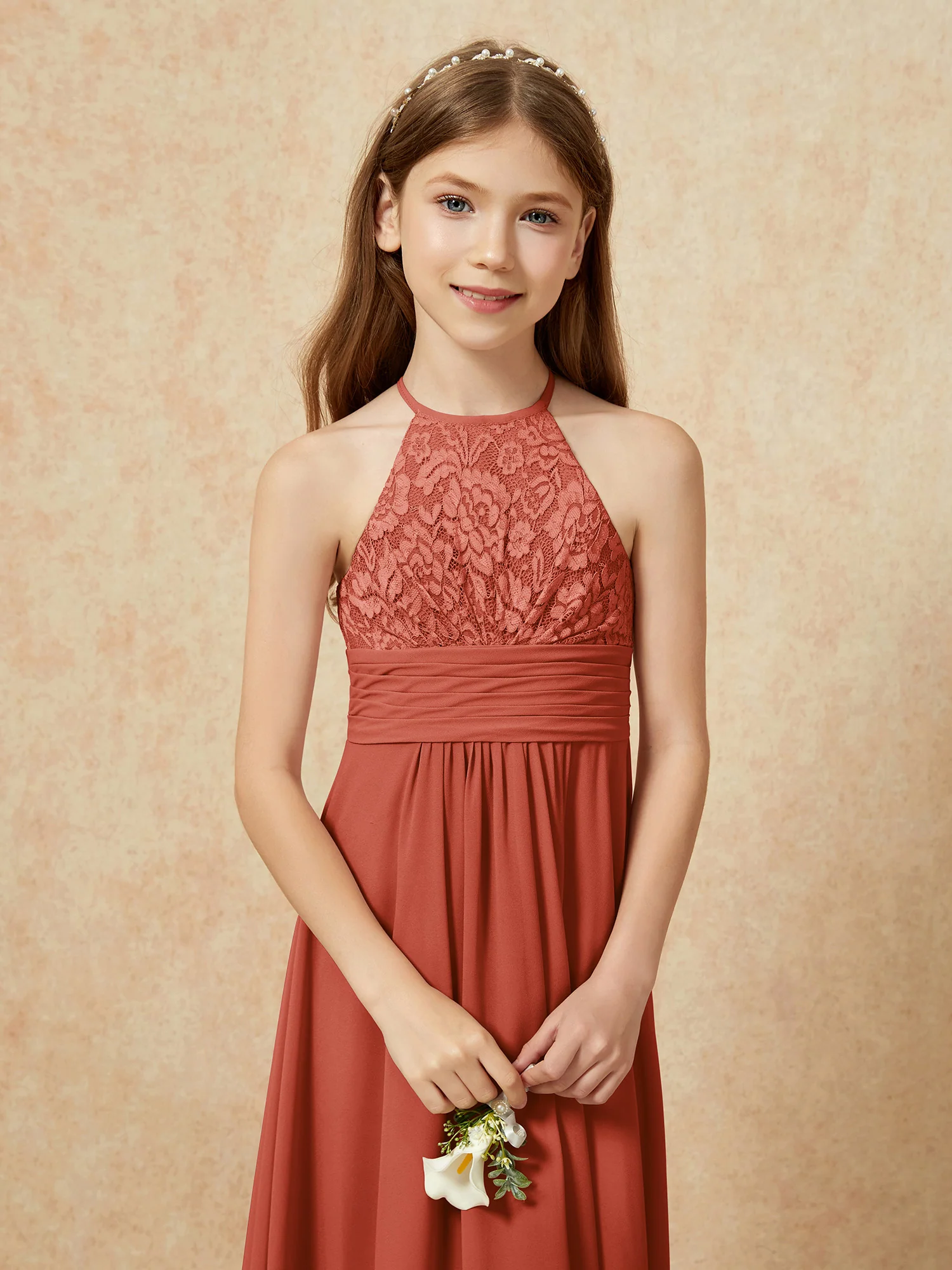 Halter Neck Lace Top Chiffon Junior Bridesmaid Dress Rust - Image 8