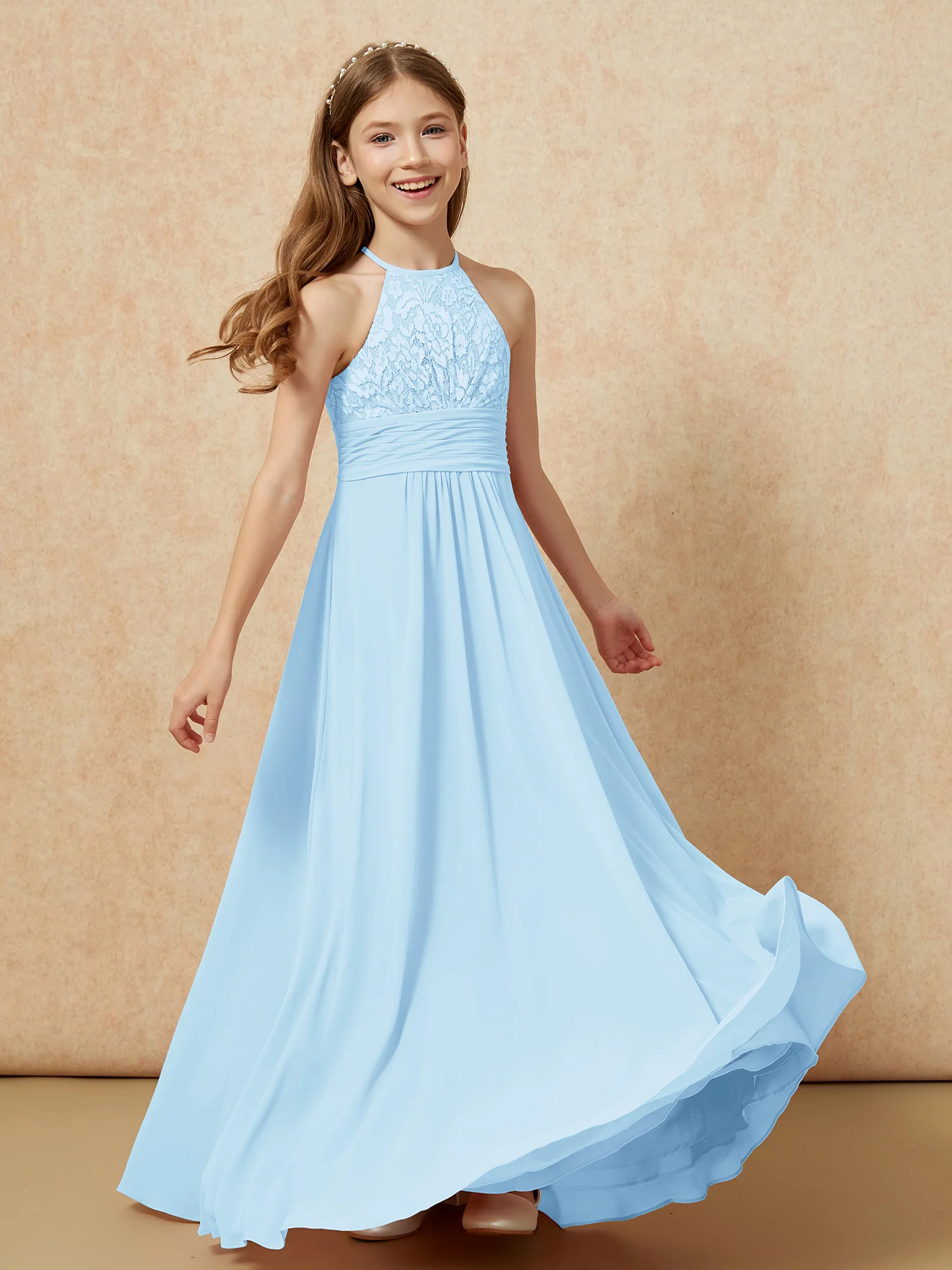 Halter Neck Lace Top Chiffon Junior Bridesmaid Dress Sky Blue - Image 4