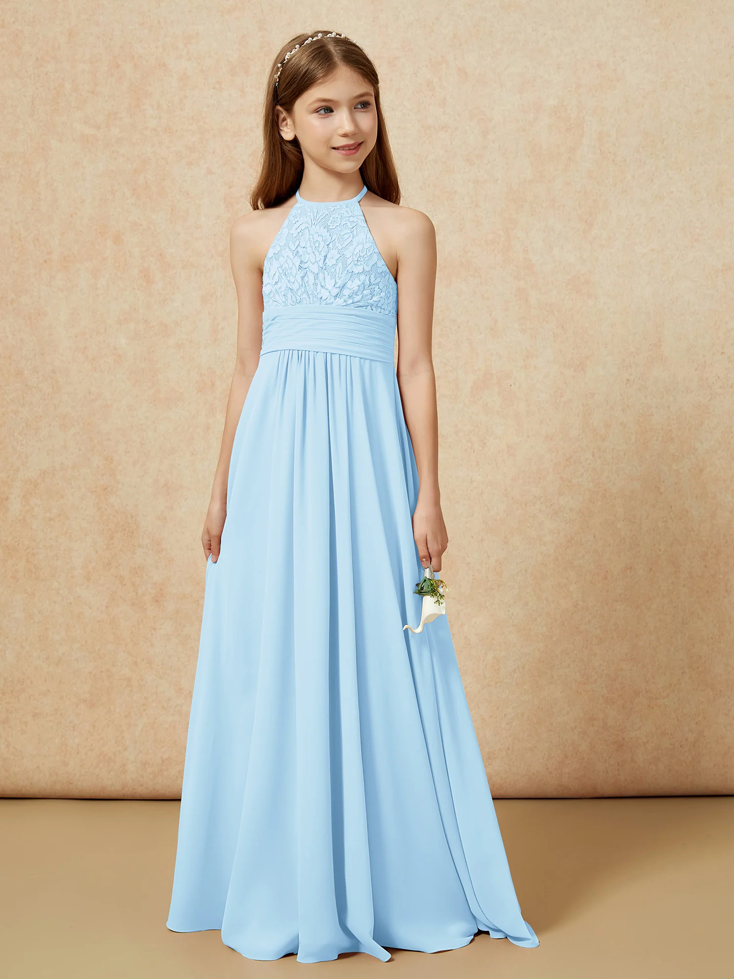 Halter Neck Lace Top Chiffon Junior Bridesmaid Dress Sky Blue - Image 5