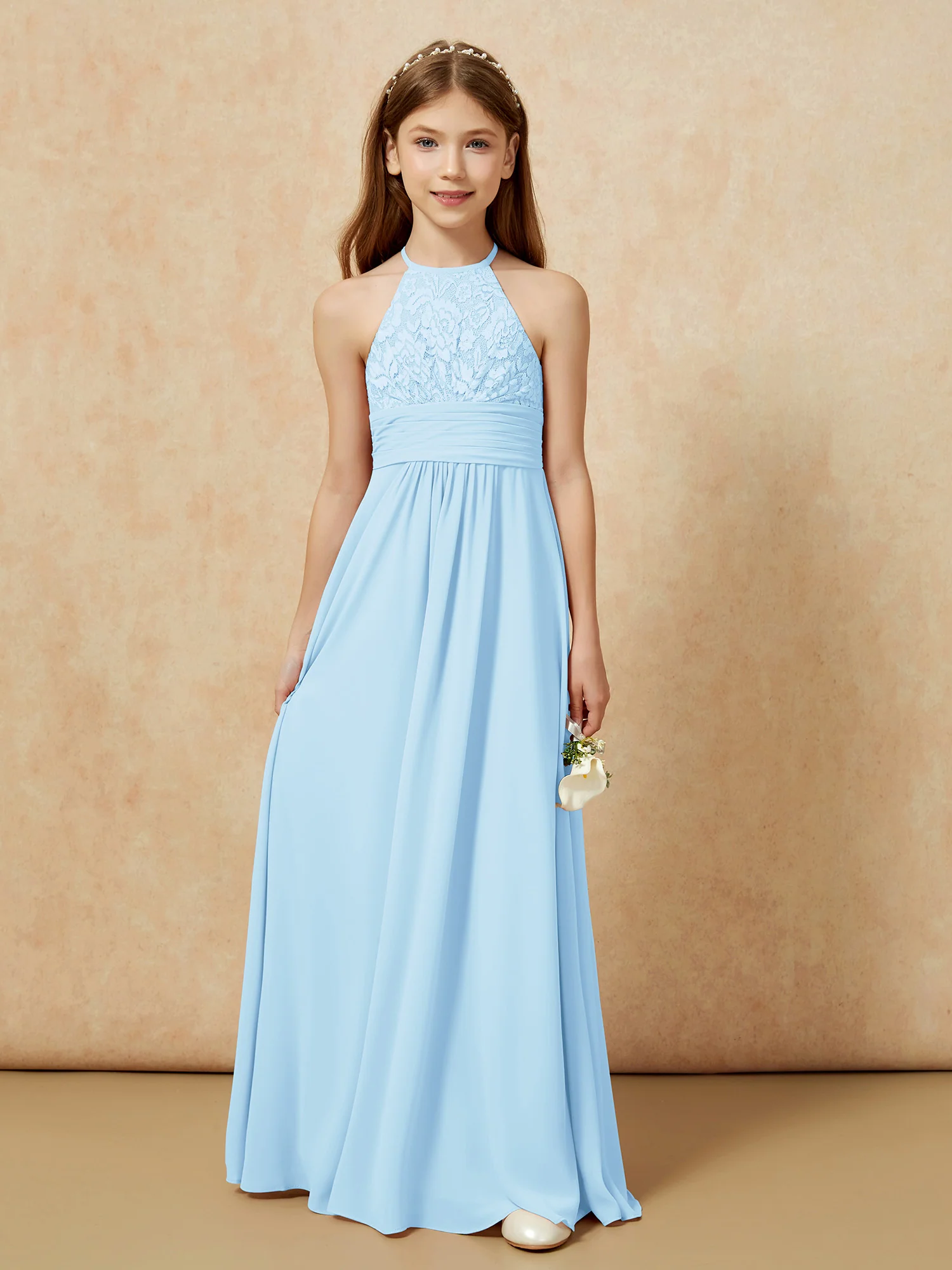 Halter Neck Lace Top Chiffon Junior Bridesmaid Dress Sky Blue - Image 7