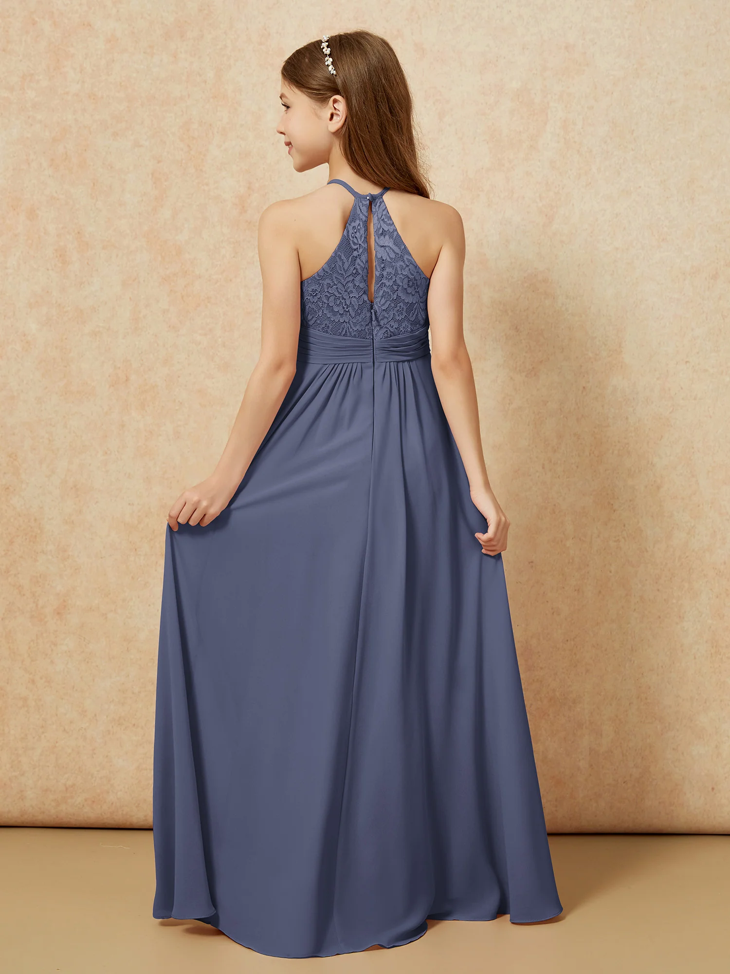 Halter Neck Lace Top Chiffon Junior Bridesmaid Dress Stormy - Image 2
