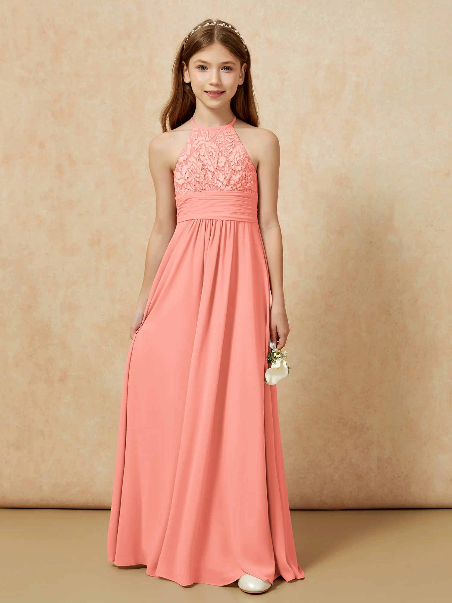 Halter Neck Lace Top Chiffon Junior Bridesmaid Dress Sunset - Image 7