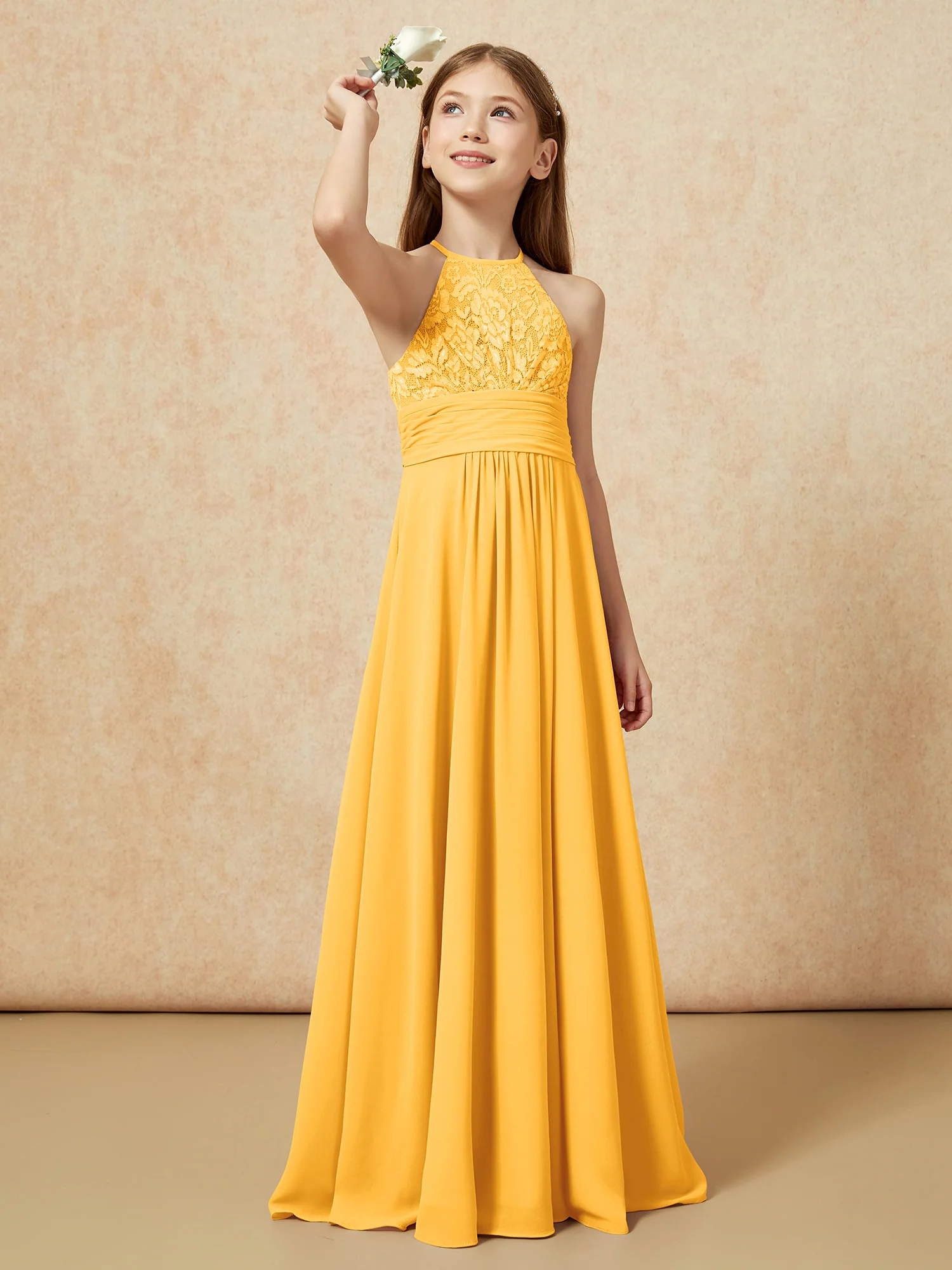 Halter Neck Lace Top Chiffon Junior Bridesmaid Dress Tangerine