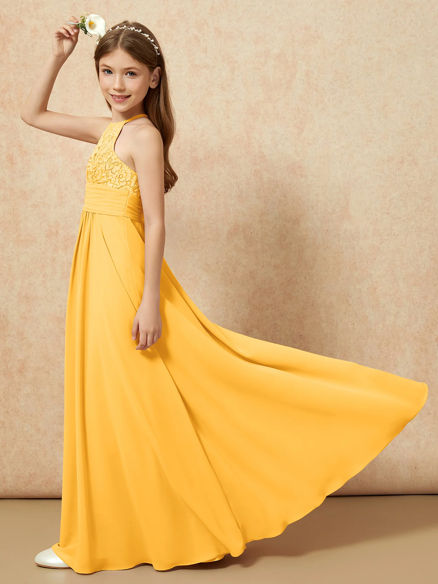 Halter Neck Lace Top Chiffon Junior Bridesmaid Dress Tangerine - Image 6