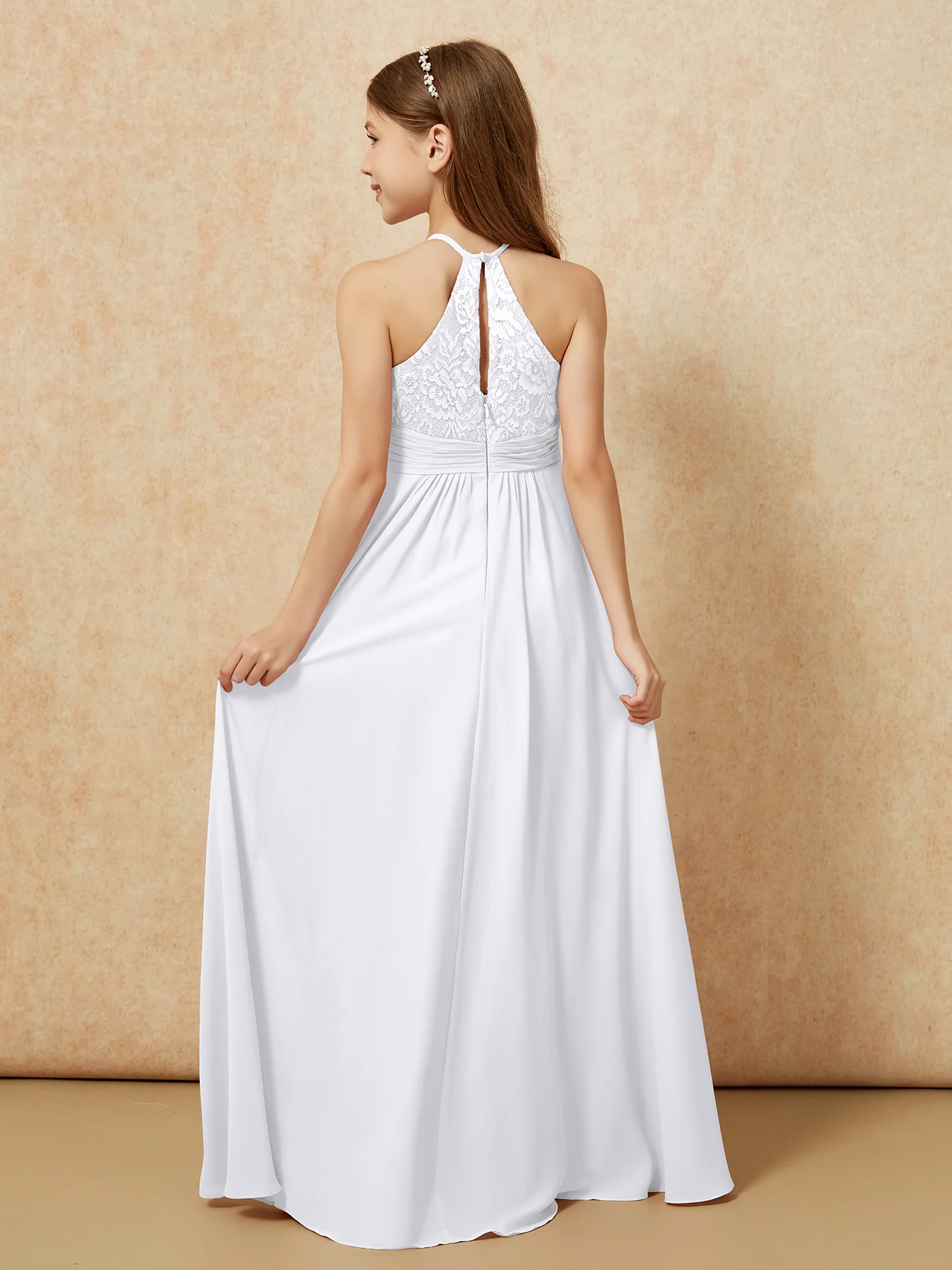 Halter Neck Lace Top Chiffon Junior Bridesmaid Dress White - Image 2