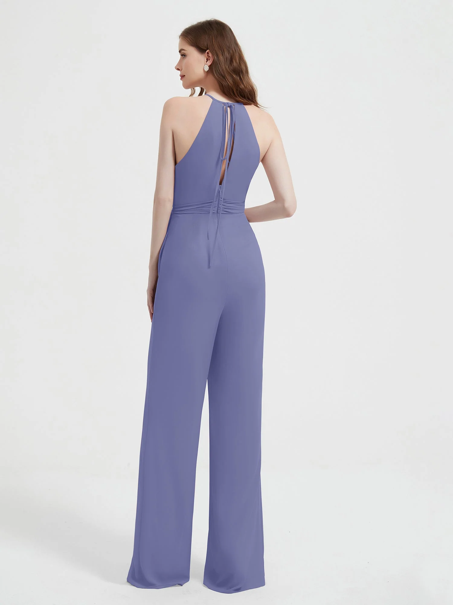 Halter Neckline Sleeveless Pleated Jumpsuit With Sash Periwinkle - Image 2
