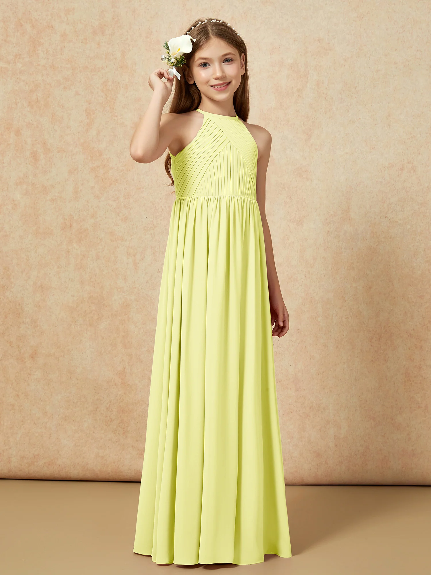 Halter Pleated Long Chiffon Junior Bridesmaid Dress Daffodil - Image 4