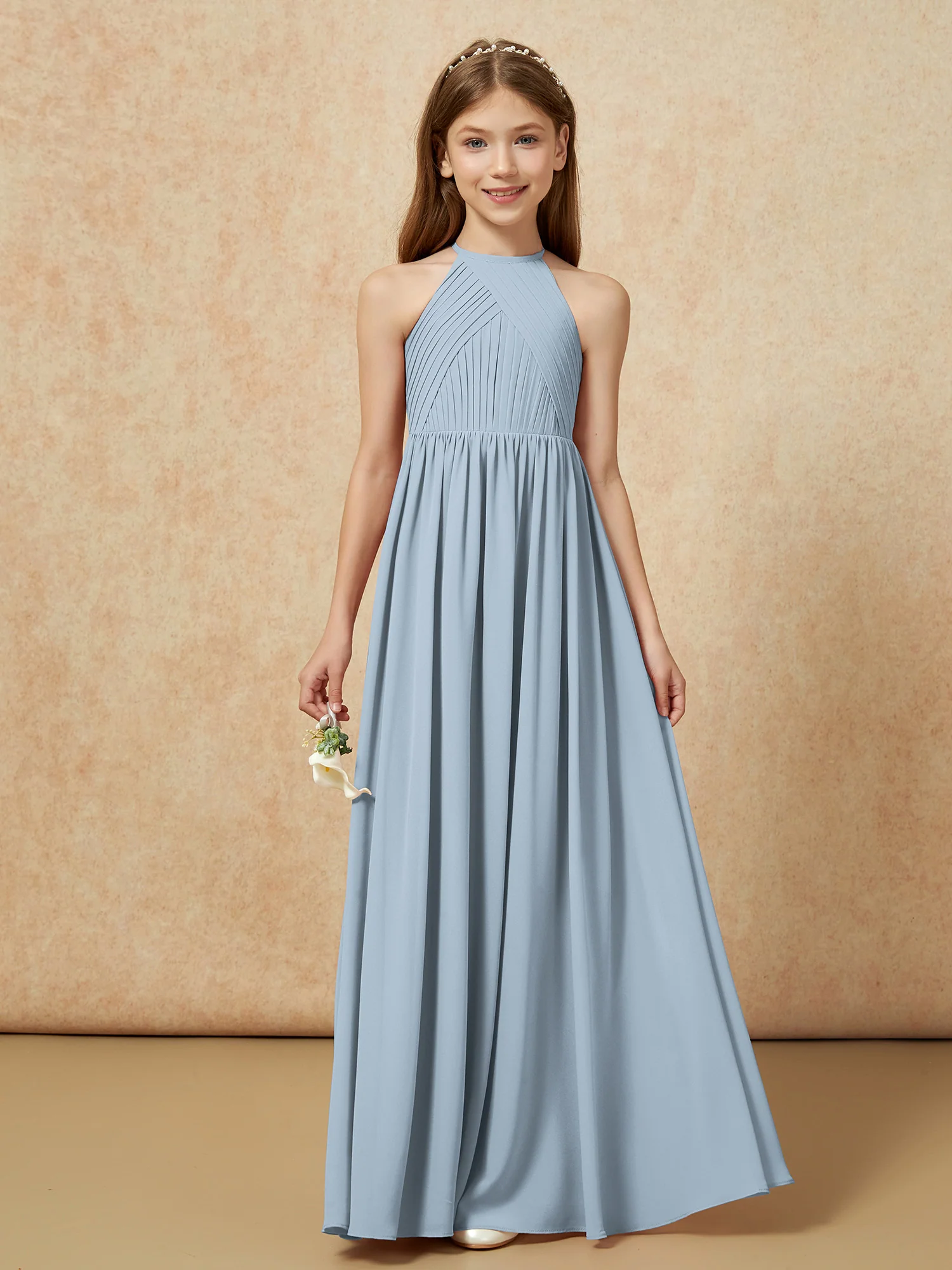 Halter Pleated Long Chiffon Junior Bridesmaid Dress Dusty Blue