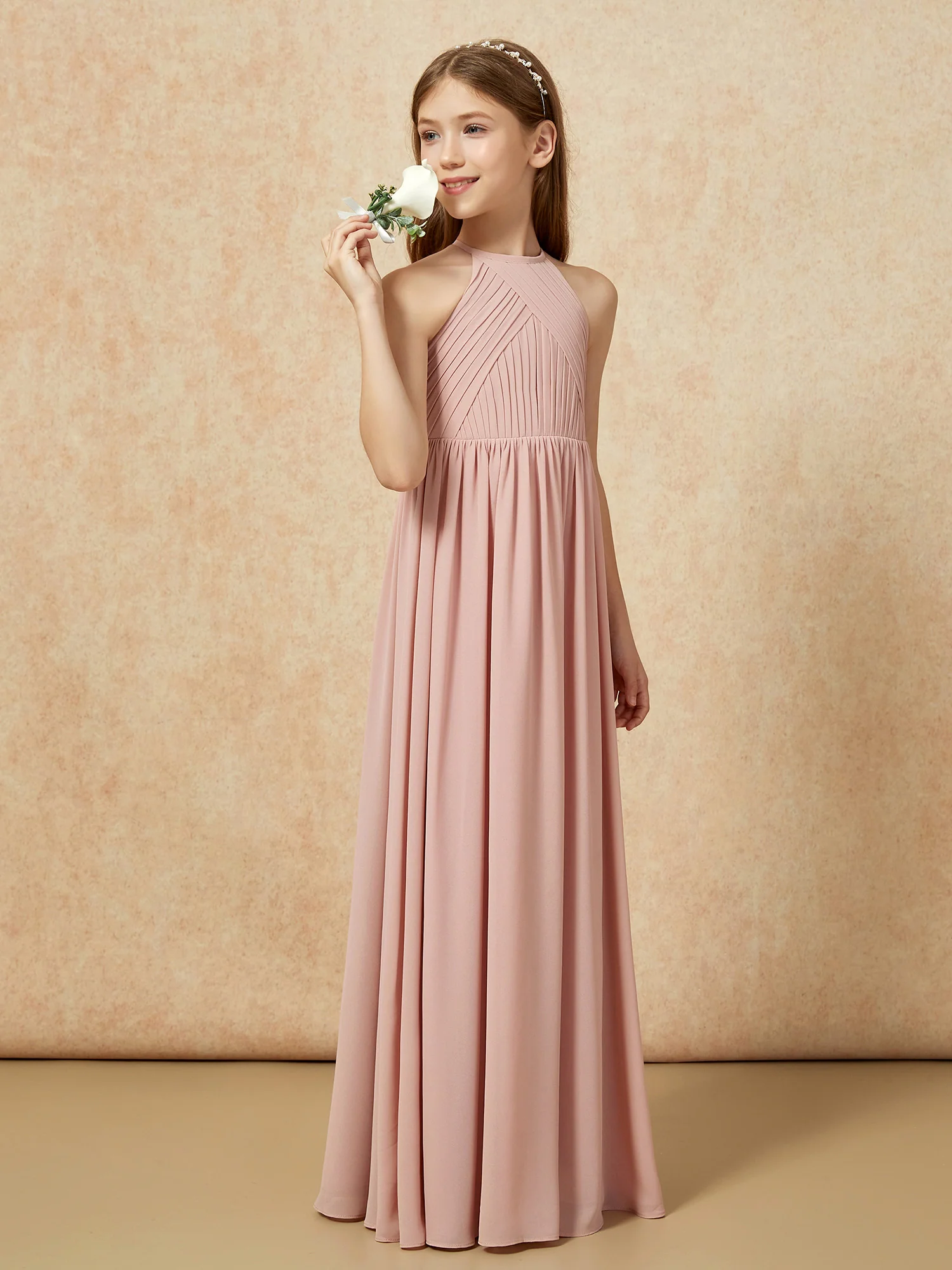 Halter Pleated Long Chiffon Junior Bridesmaid Dress Dusty Rose - Image 3