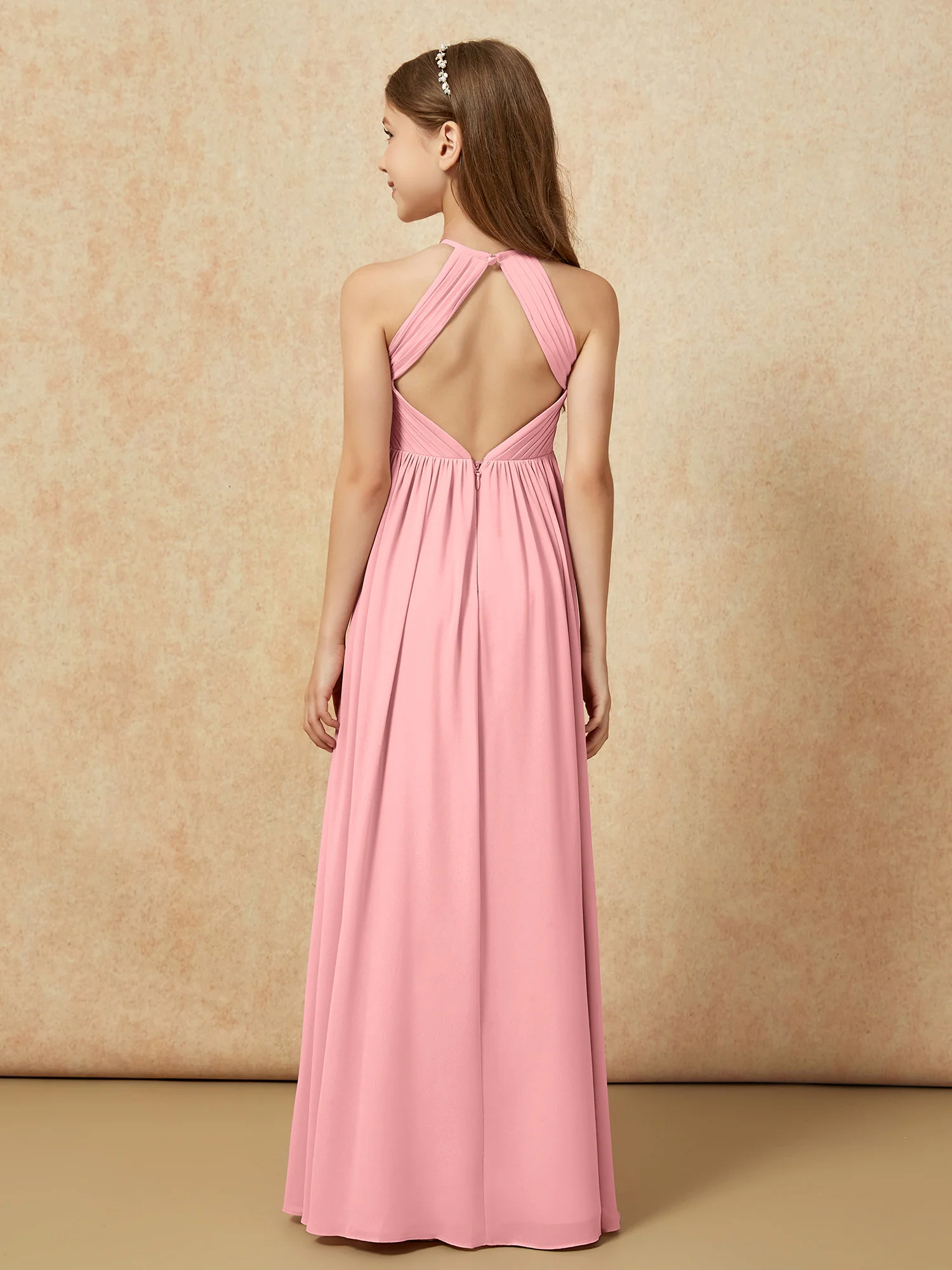 Halter Pleated Long Chiffon Junior Bridesmaid Dress Flamingo - Image 2