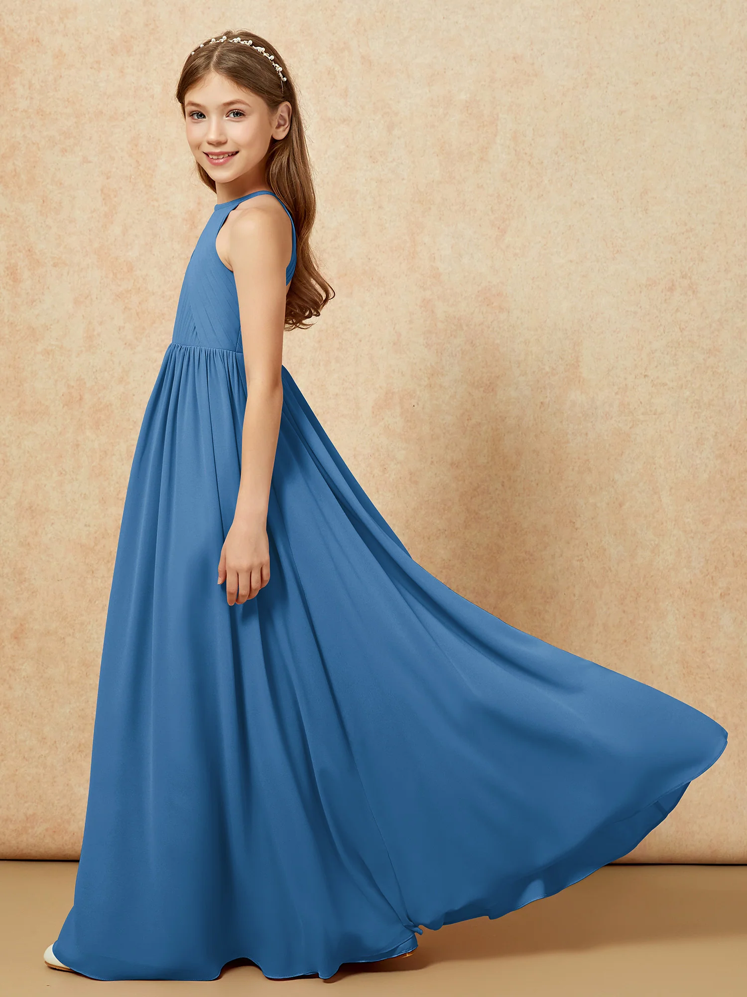 Halter Pleated Long Chiffon Junior Bridesmaid Dress Ink Blue - Image 7