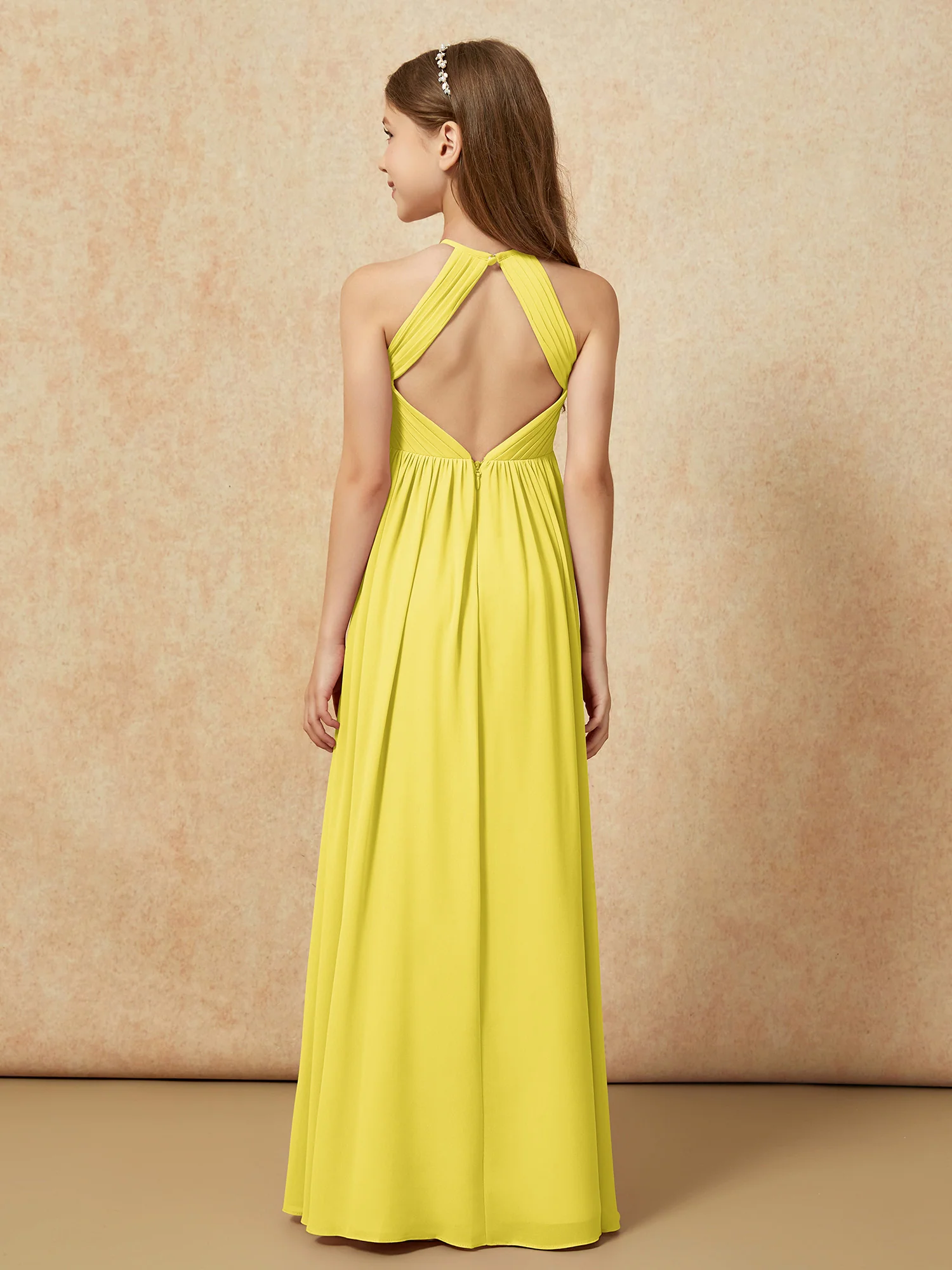 Halter Pleated Long Chiffon Junior Bridesmaid Dress Lemon - Image 2