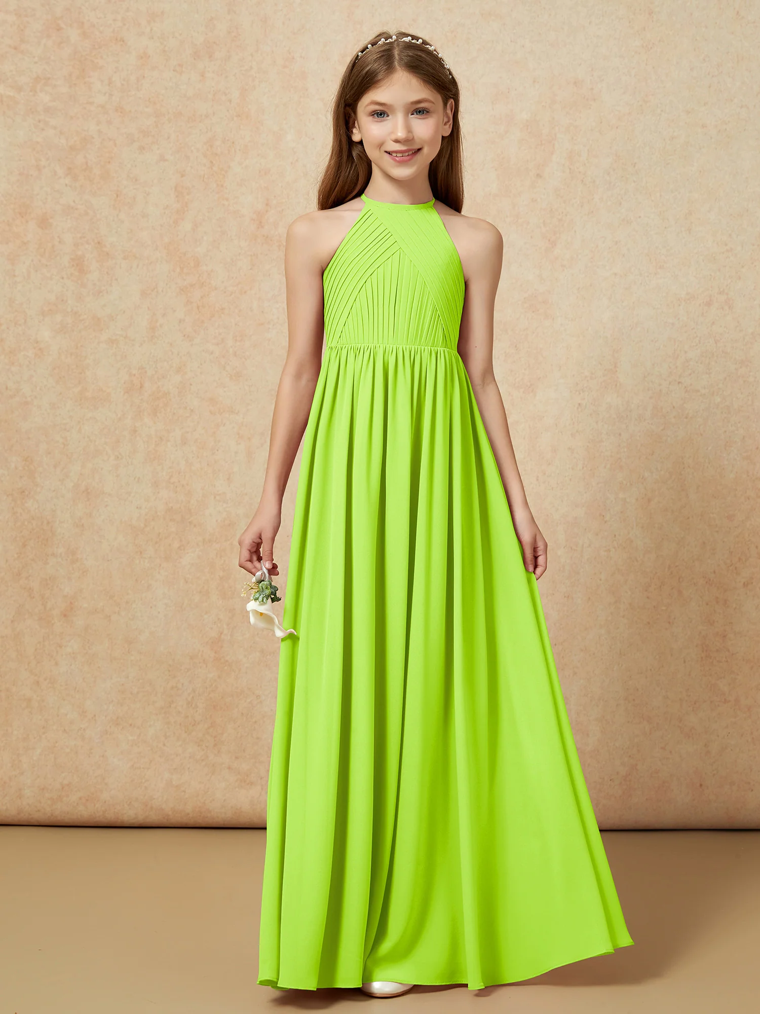 Halter Pleated Long Chiffon Junior Bridesmaid Dress Lime Green