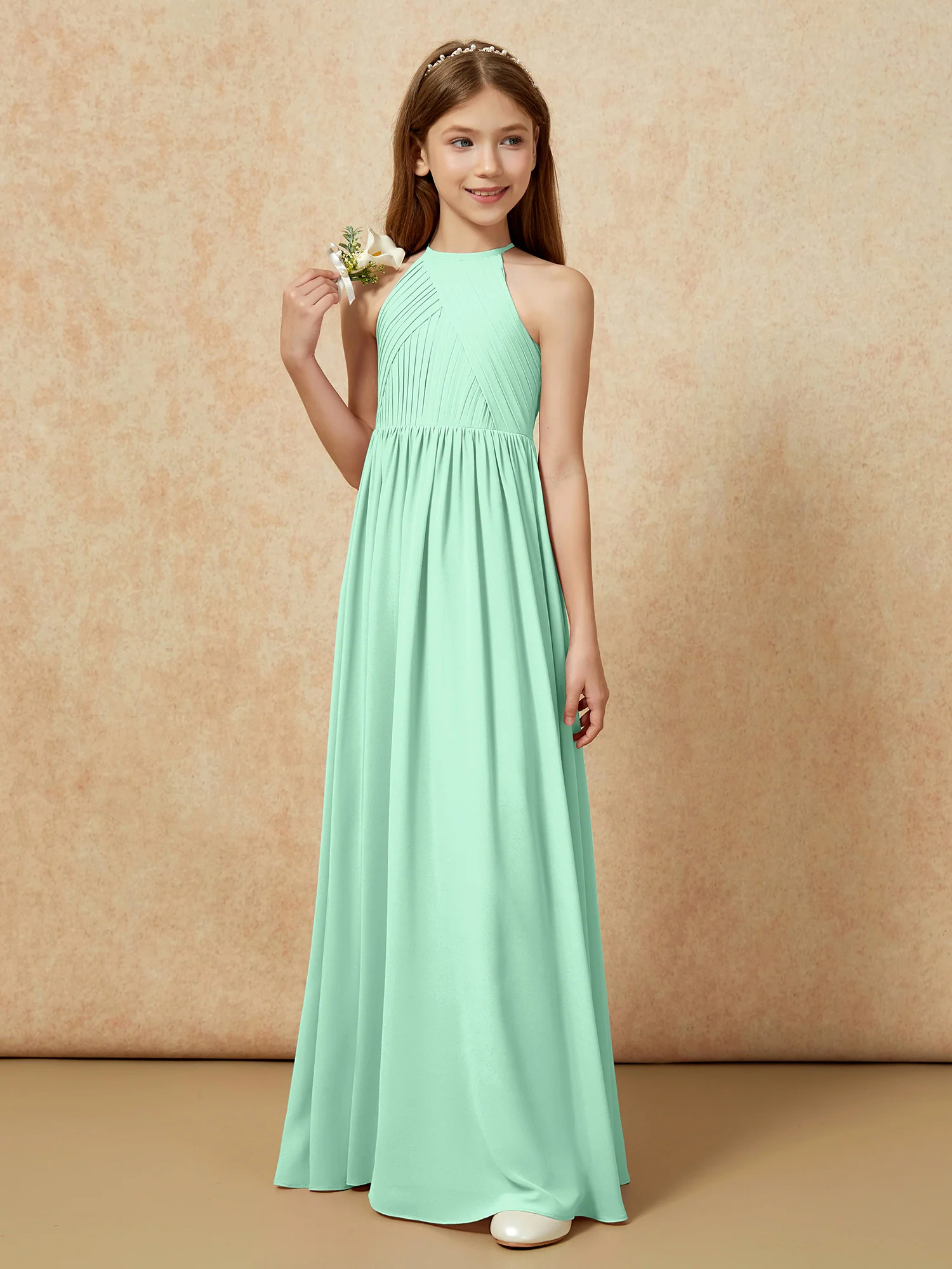 Halter Pleated Long Chiffon Junior Bridesmaid Dress Mint Green - Image 5