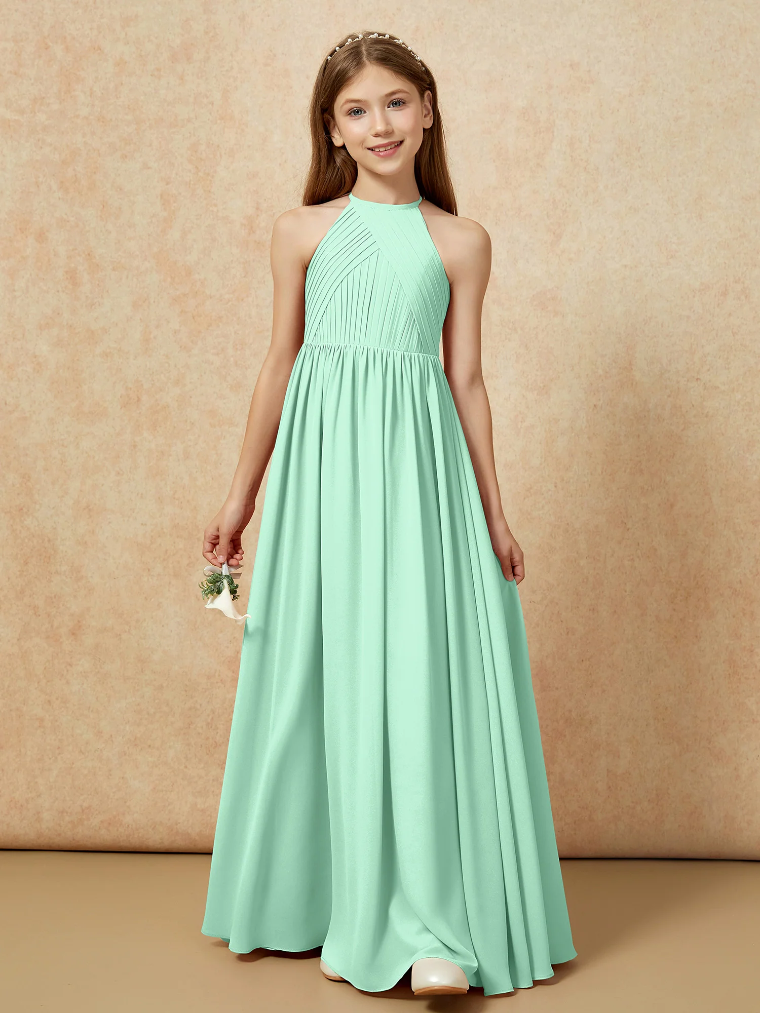 Halter Pleated Long Chiffon Junior Bridesmaid Dress Mint Green - Image 6