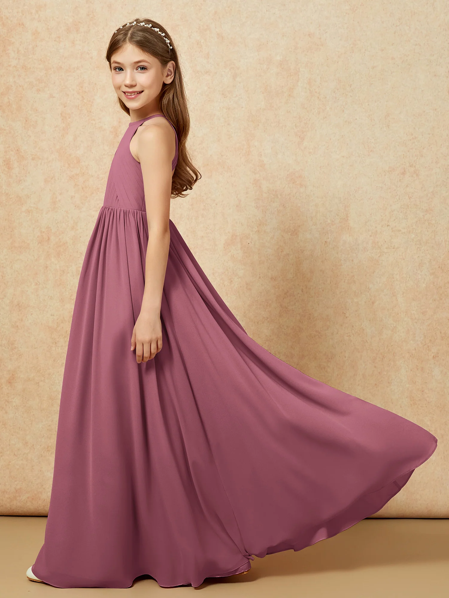 Halter Pleated Long Chiffon Junior Bridesmaid Dress Mulberry - Image 7
