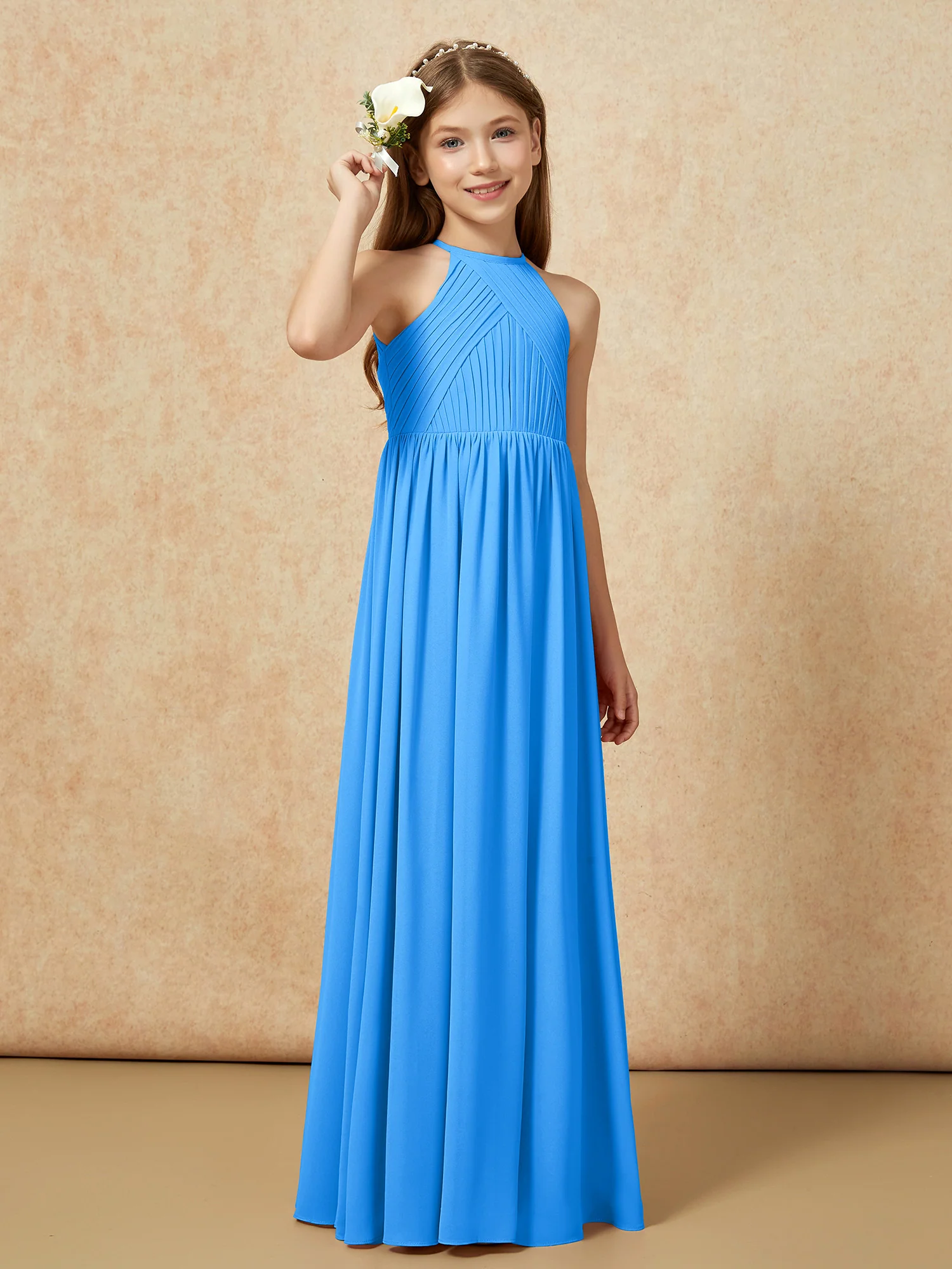 Halter Pleated Long Chiffon Junior Bridesmaid Dress Ocean Blue - Image 4