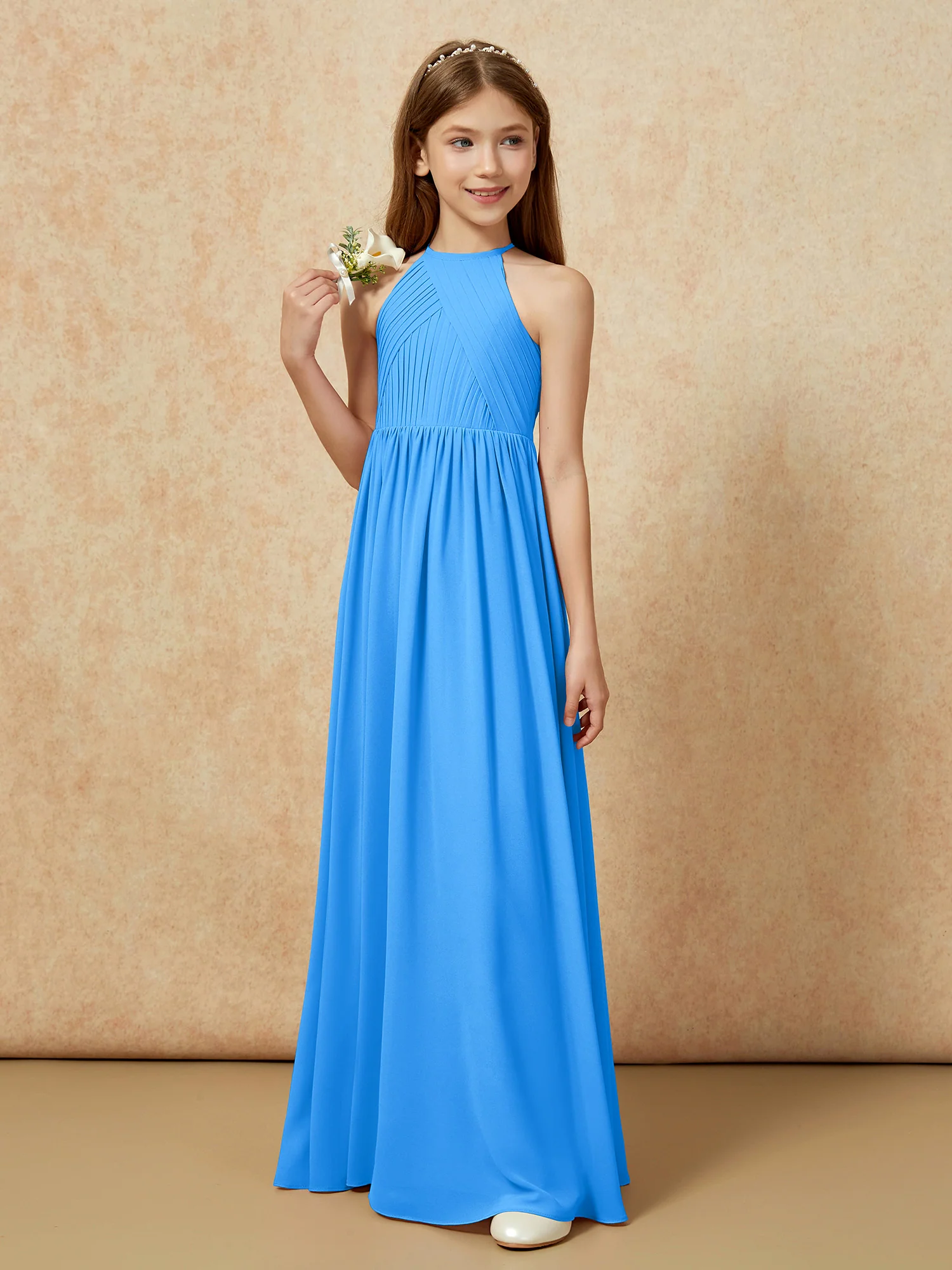 Halter Pleated Long Chiffon Junior Bridesmaid Dress Ocean Blue - Image 5