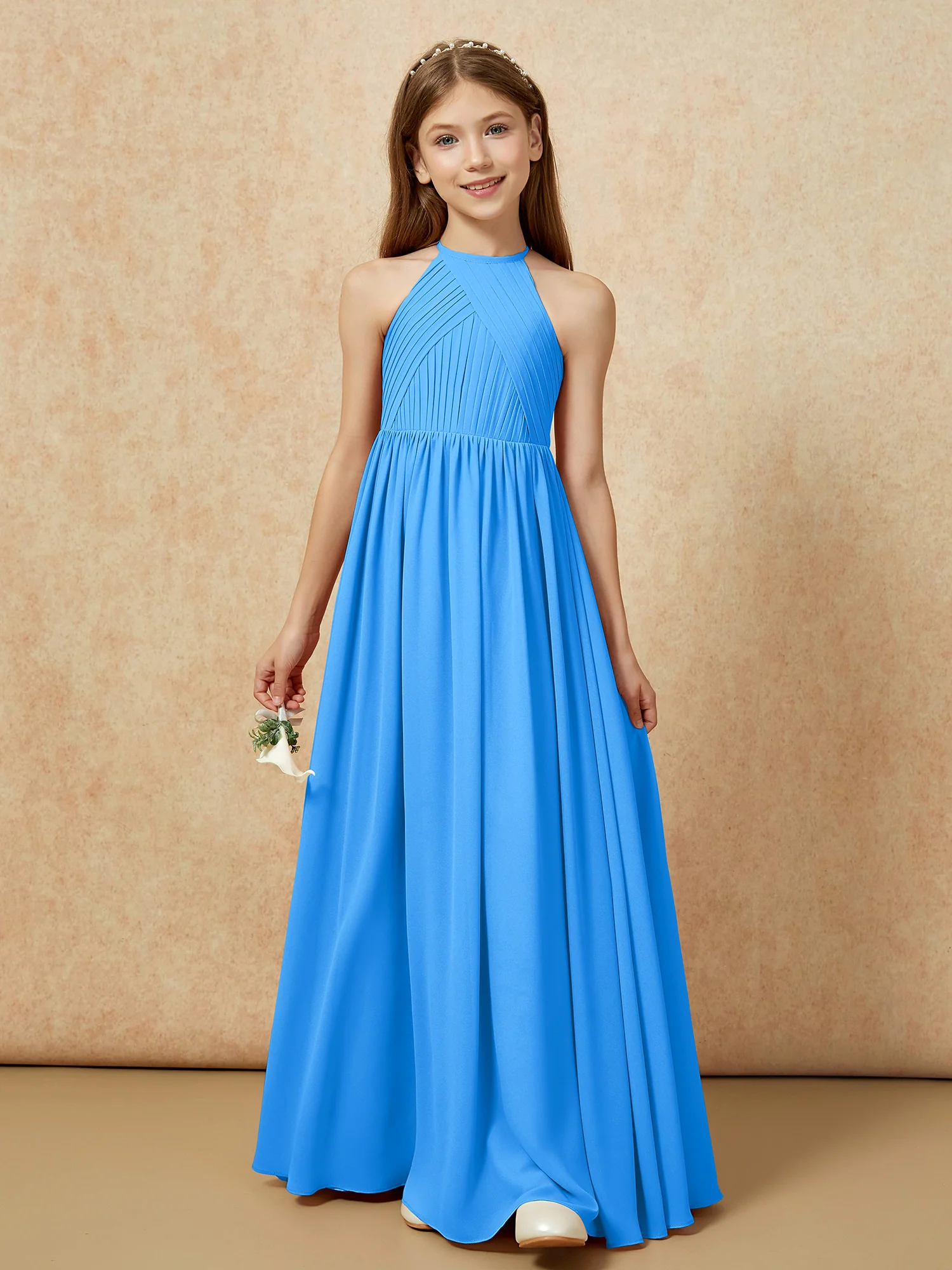 Halter Pleated Long Chiffon Junior Bridesmaid Dress Ocean Blue - Image 6