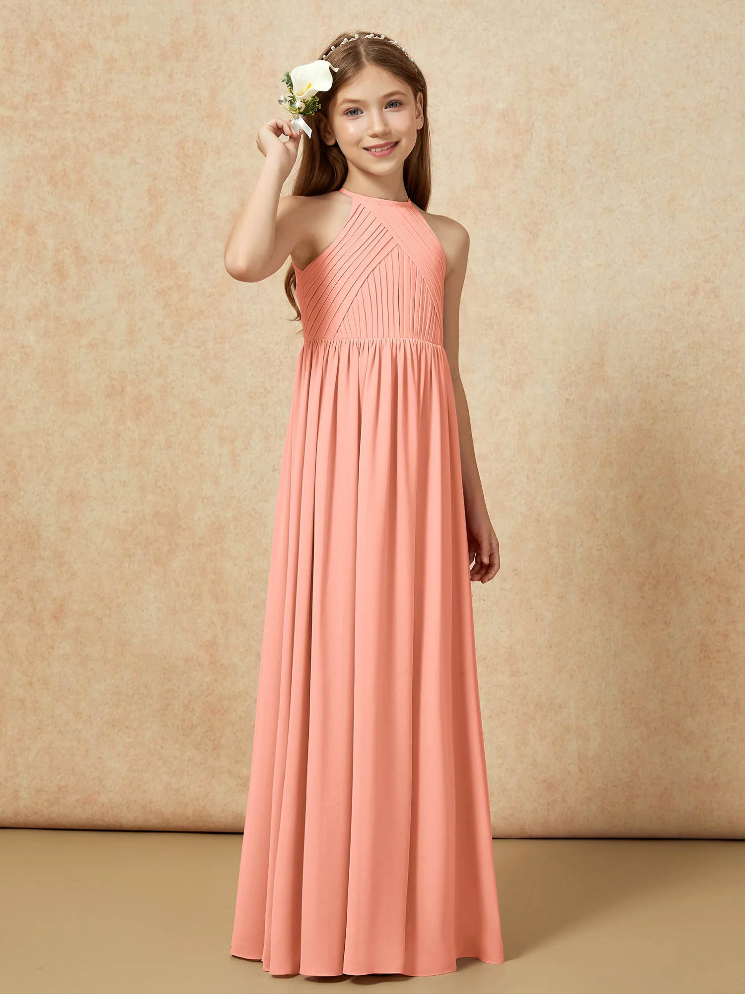 Halter Pleated Long Chiffon Junior Bridesmaid Dress Papaya - Image 4