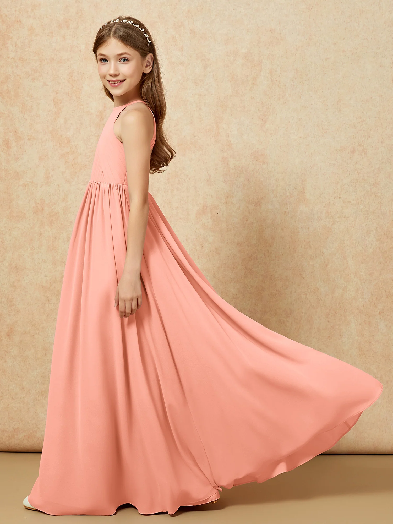 Halter Pleated Long Chiffon Junior Bridesmaid Dress Papaya - Image 7