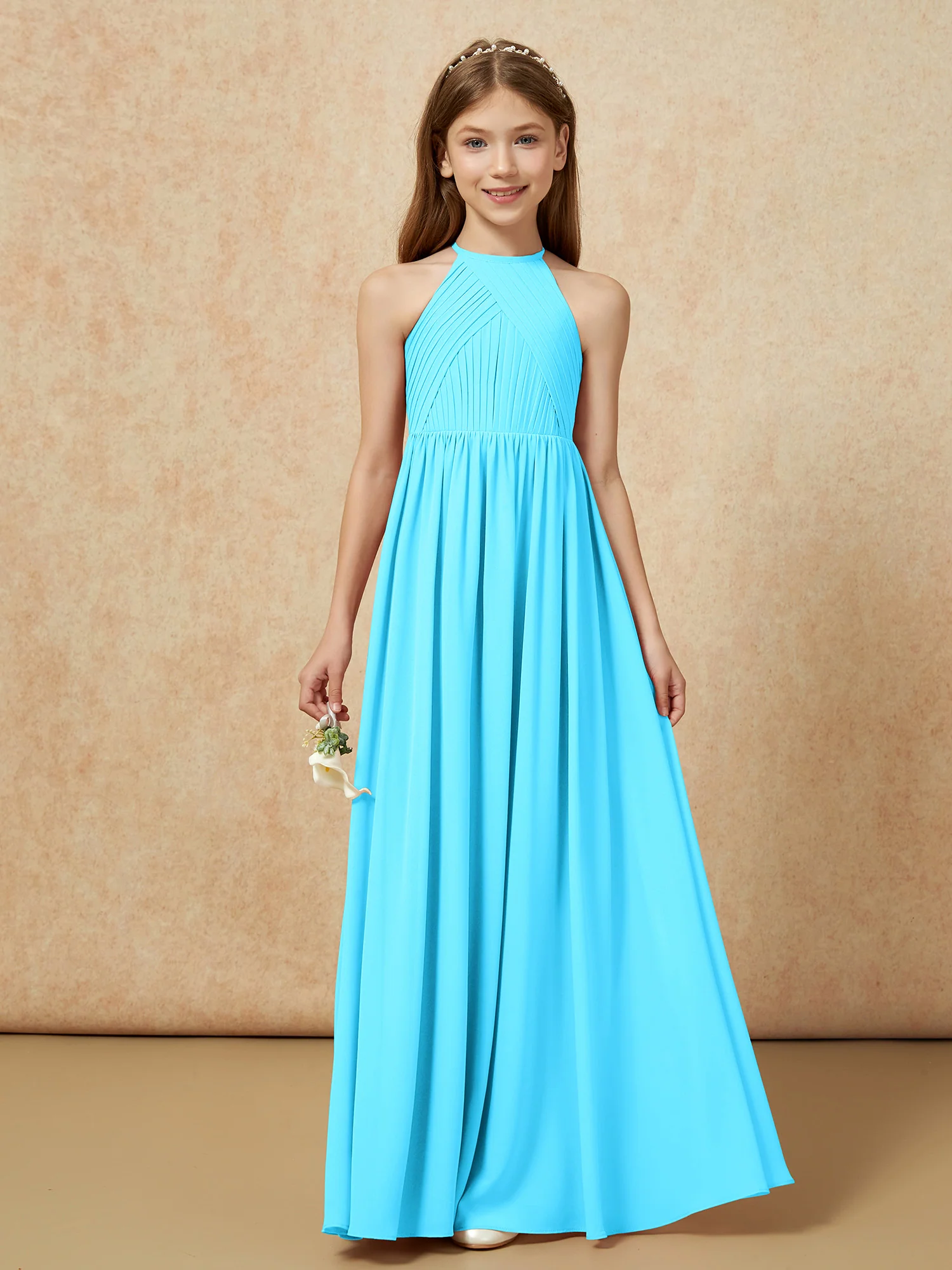 Halter Pleated Long Chiffon Junior Bridesmaid Dress Pool