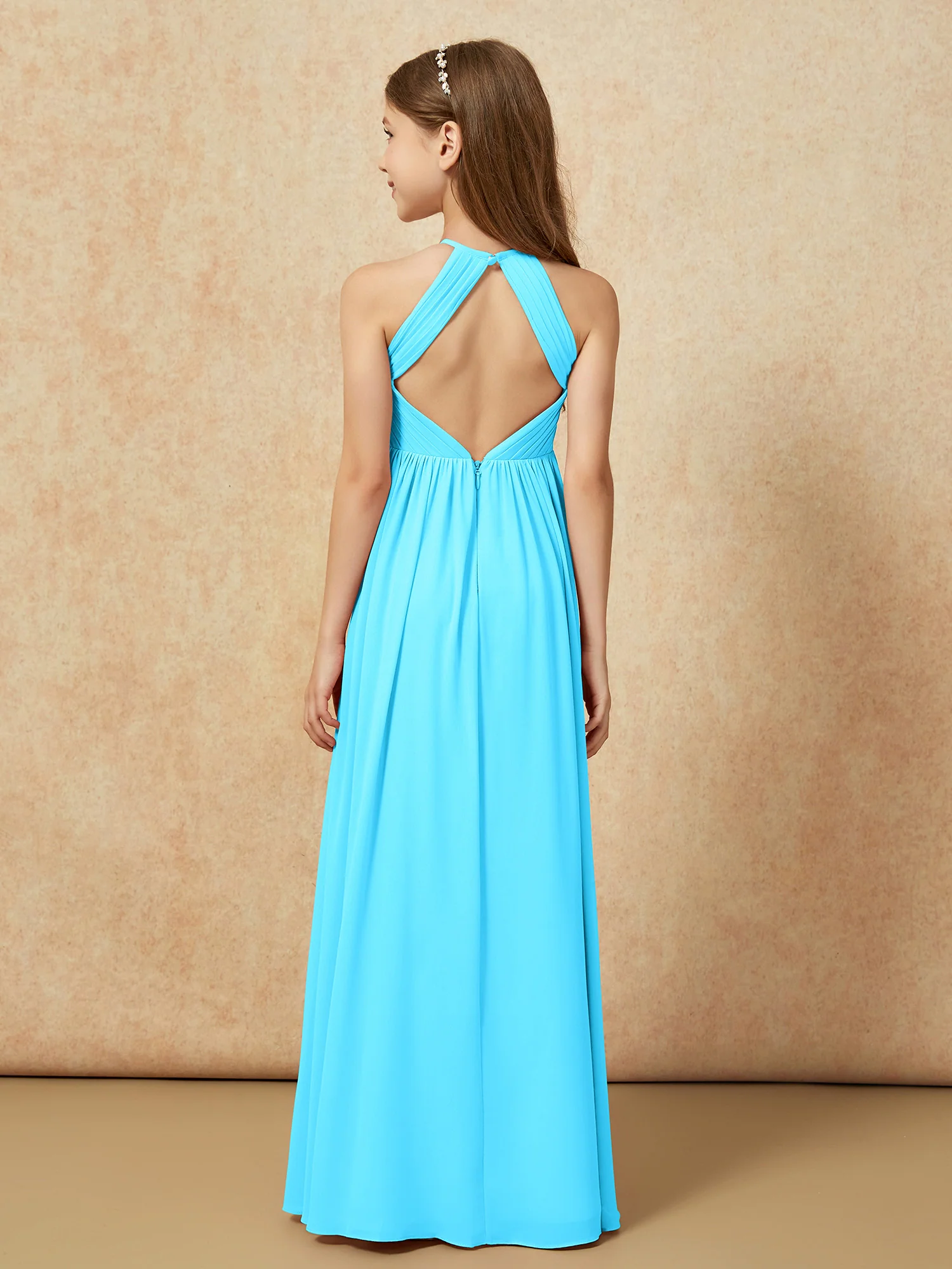 Halter Pleated Long Chiffon Junior Bridesmaid Dress Pool - Image 2