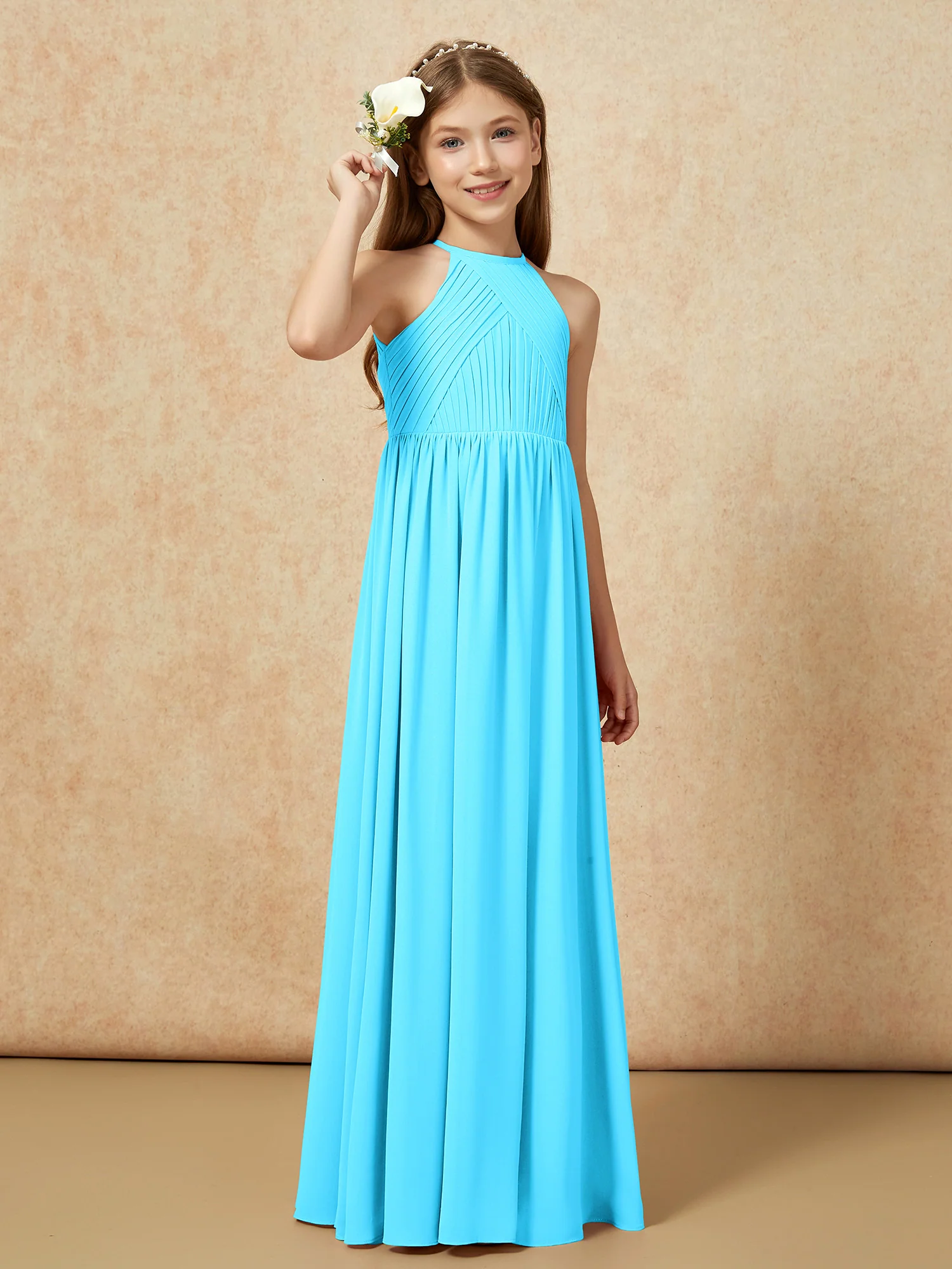 Halter Pleated Long Chiffon Junior Bridesmaid Dress Pool - Image 4