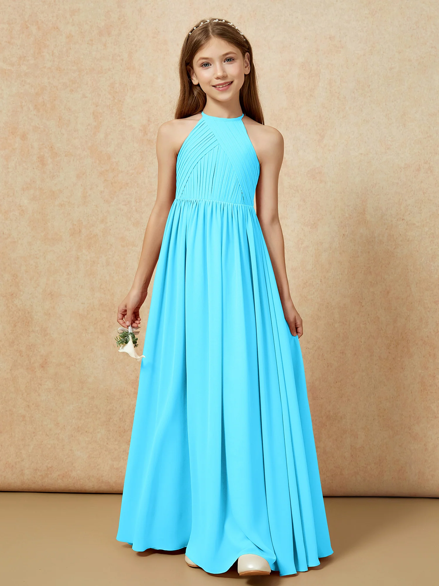 Halter Pleated Long Chiffon Junior Bridesmaid Dress Pool - Image 6