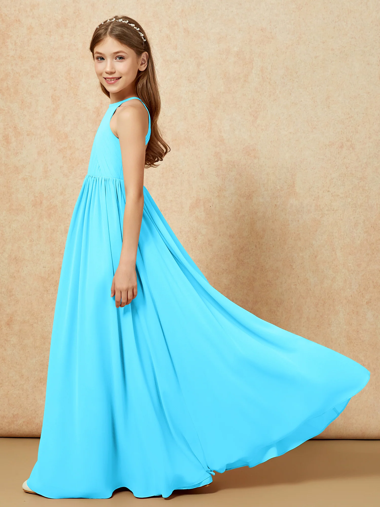 Halter Pleated Long Chiffon Junior Bridesmaid Dress Pool - Image 7