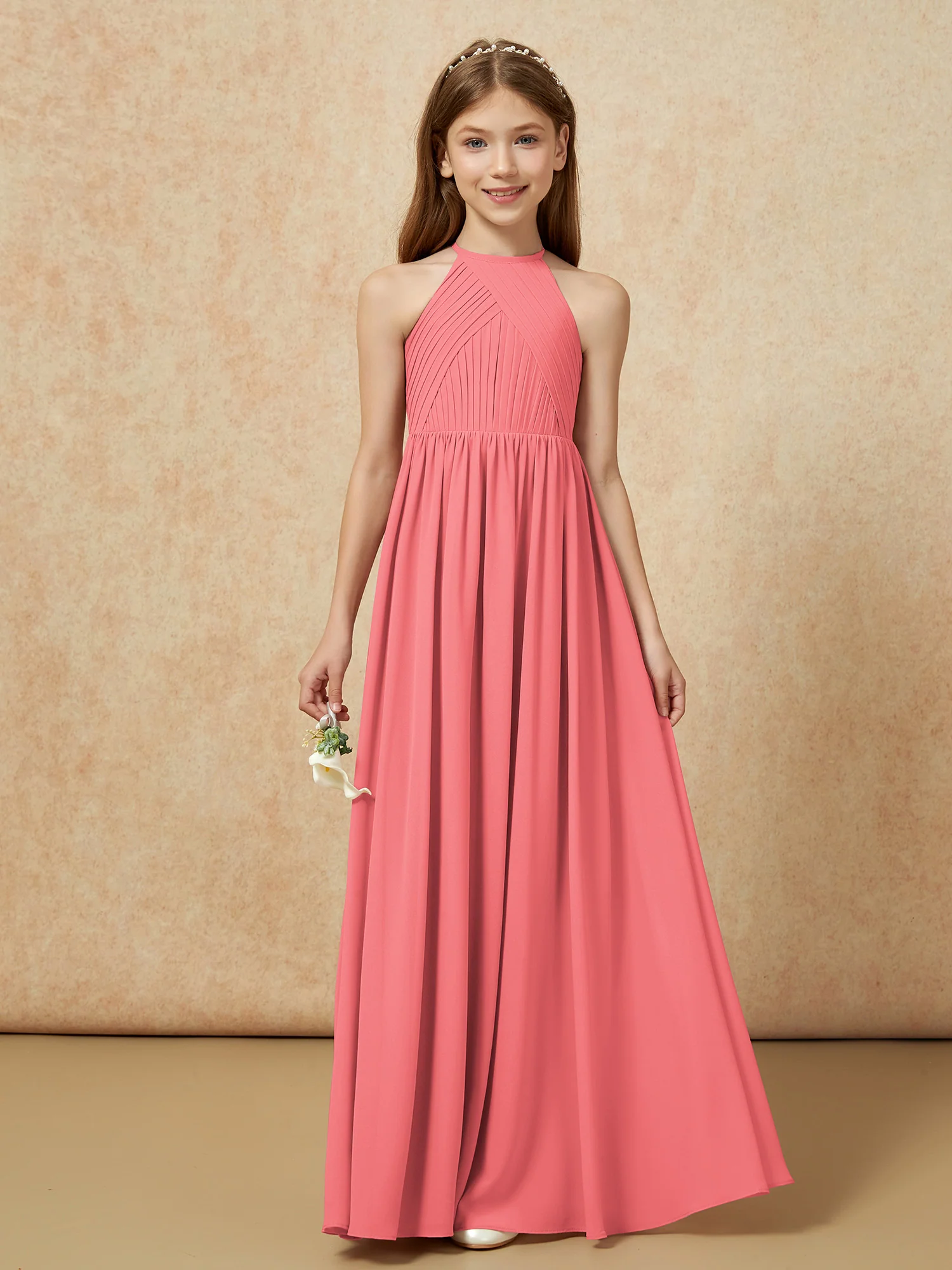 Halter Pleated Long Chiffon Junior Bridesmaid Dress Watermelon