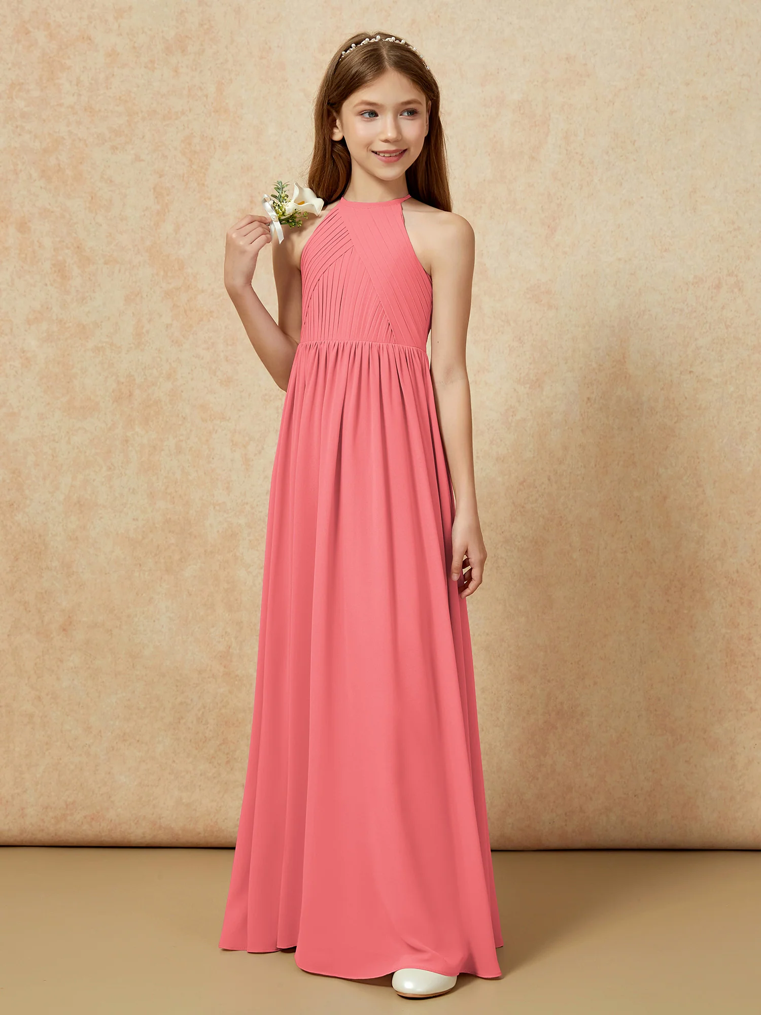 Halter Pleated Long Chiffon Junior Bridesmaid Dress Watermelon - Image 5