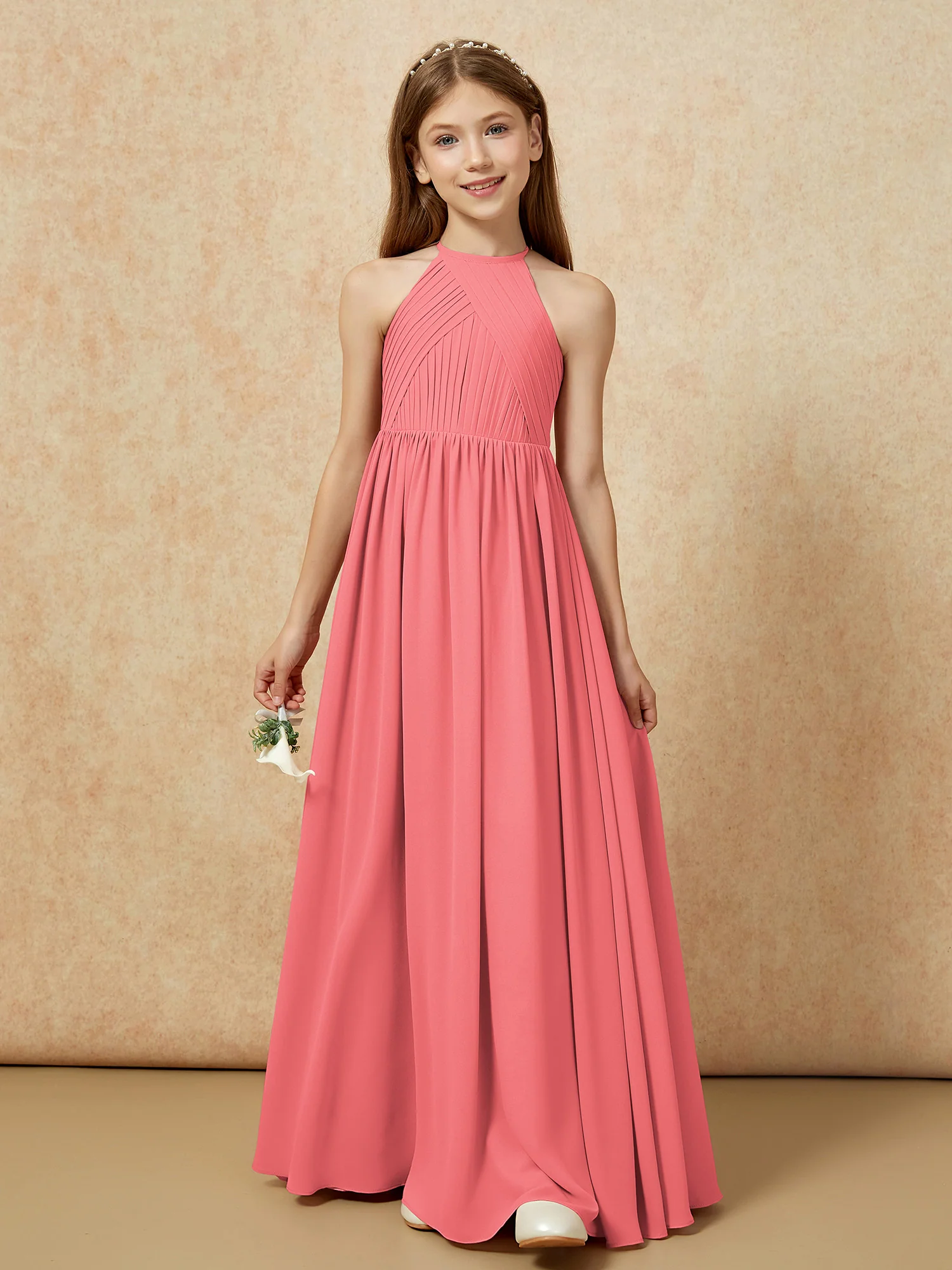 Halter Pleated Long Chiffon Junior Bridesmaid Dress Watermelon - Image 6