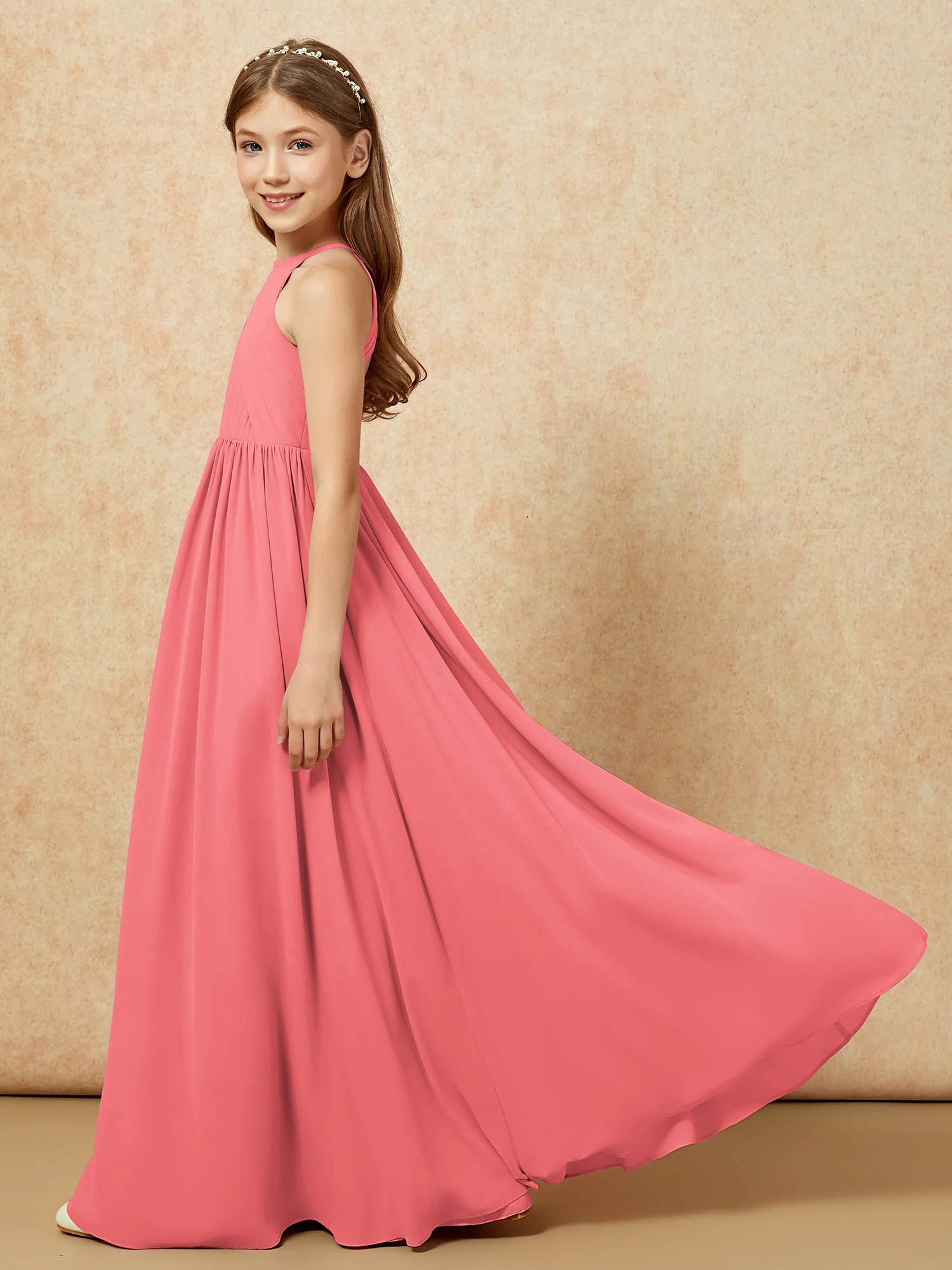Halter Pleated Long Chiffon Junior Bridesmaid Dress Watermelon - Image 7