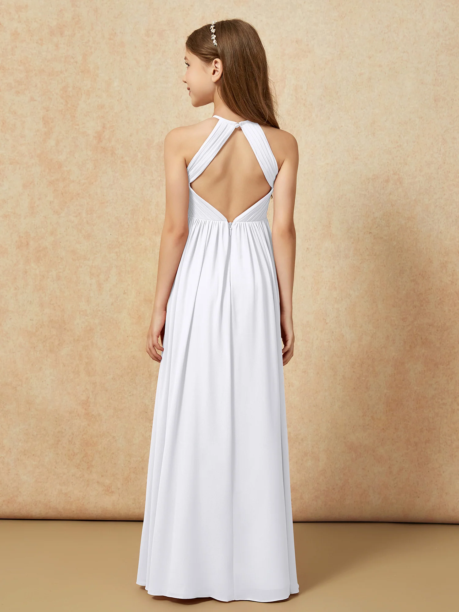 Halter Pleated Long Chiffon Junior Bridesmaid Dress White - Image 2