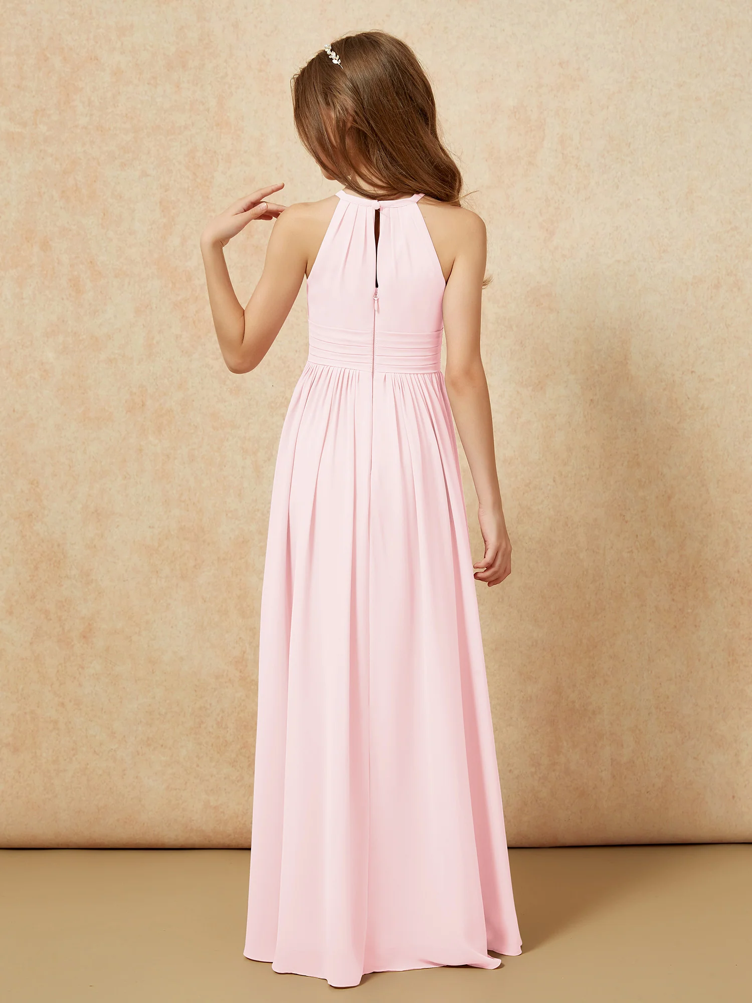 Halter Sleeveless Long Chiffon Junior Bridesmaid Dress Blushing Pink - Image 2
