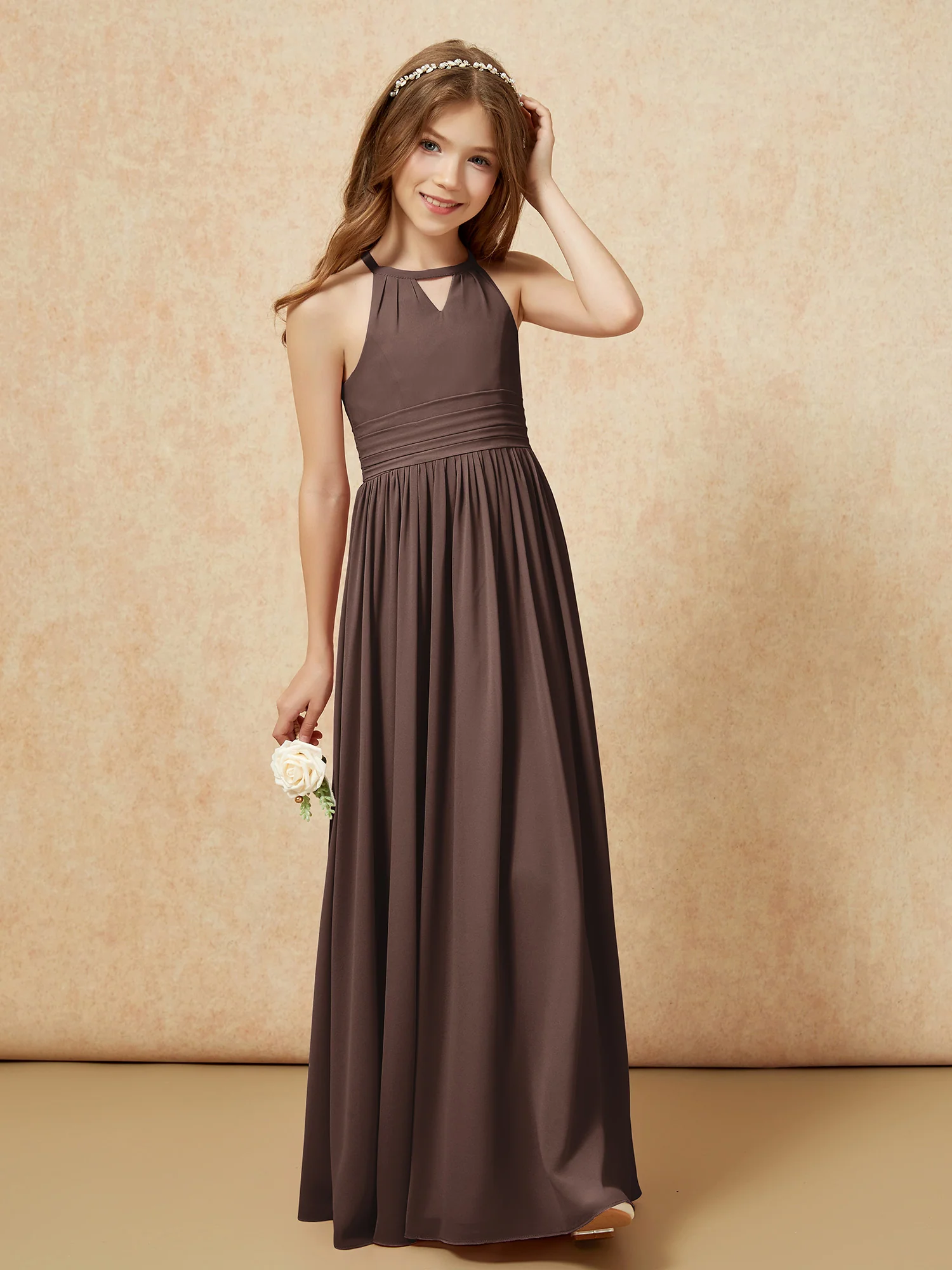 Halter Sleeveless Long Chiffon Junior Bridesmaid Dress Chocolate - Image 4