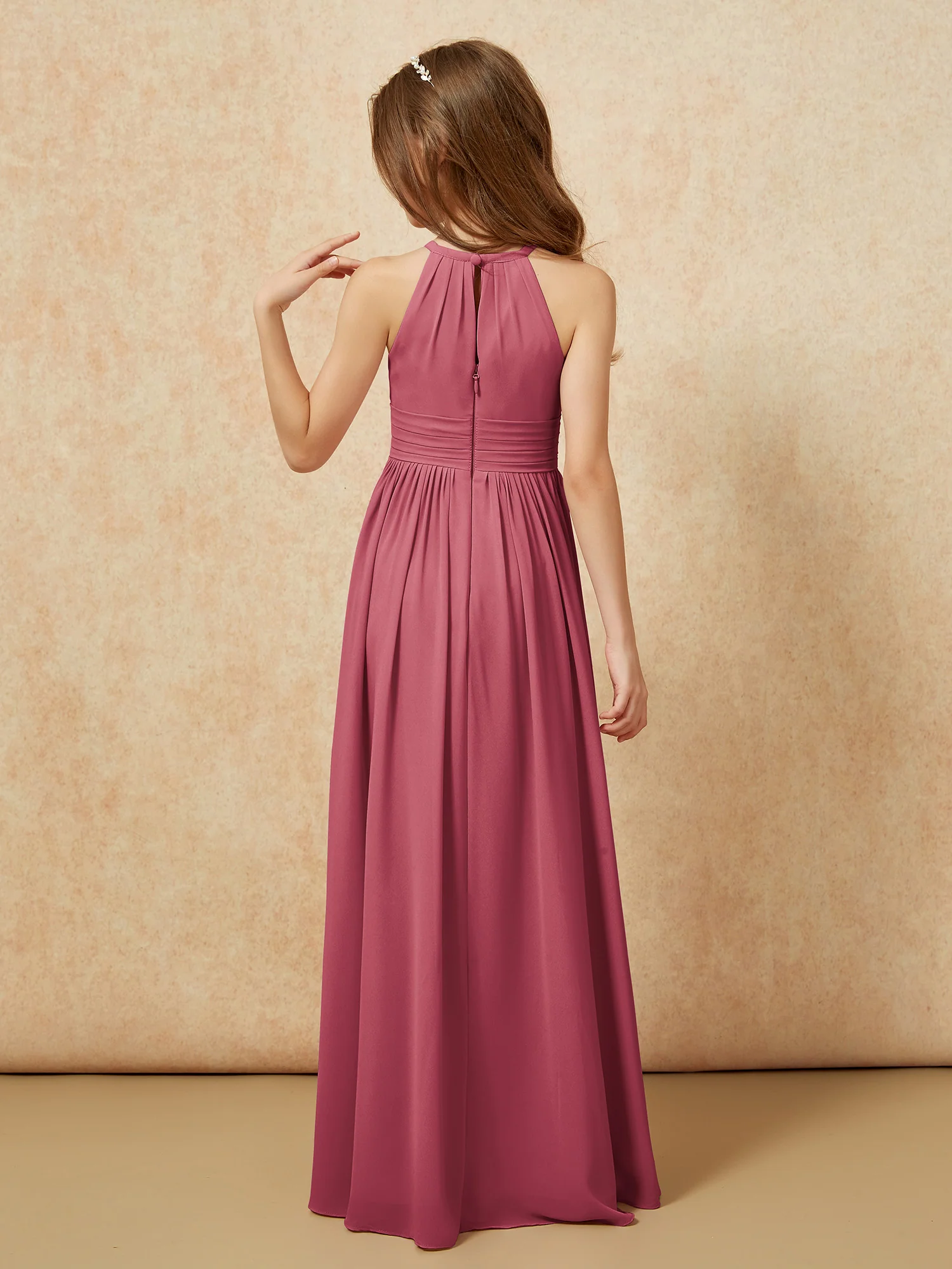 Halter Sleeveless Long Chiffon Junior Bridesmaid Dress Cinnamon Rose - Image 2