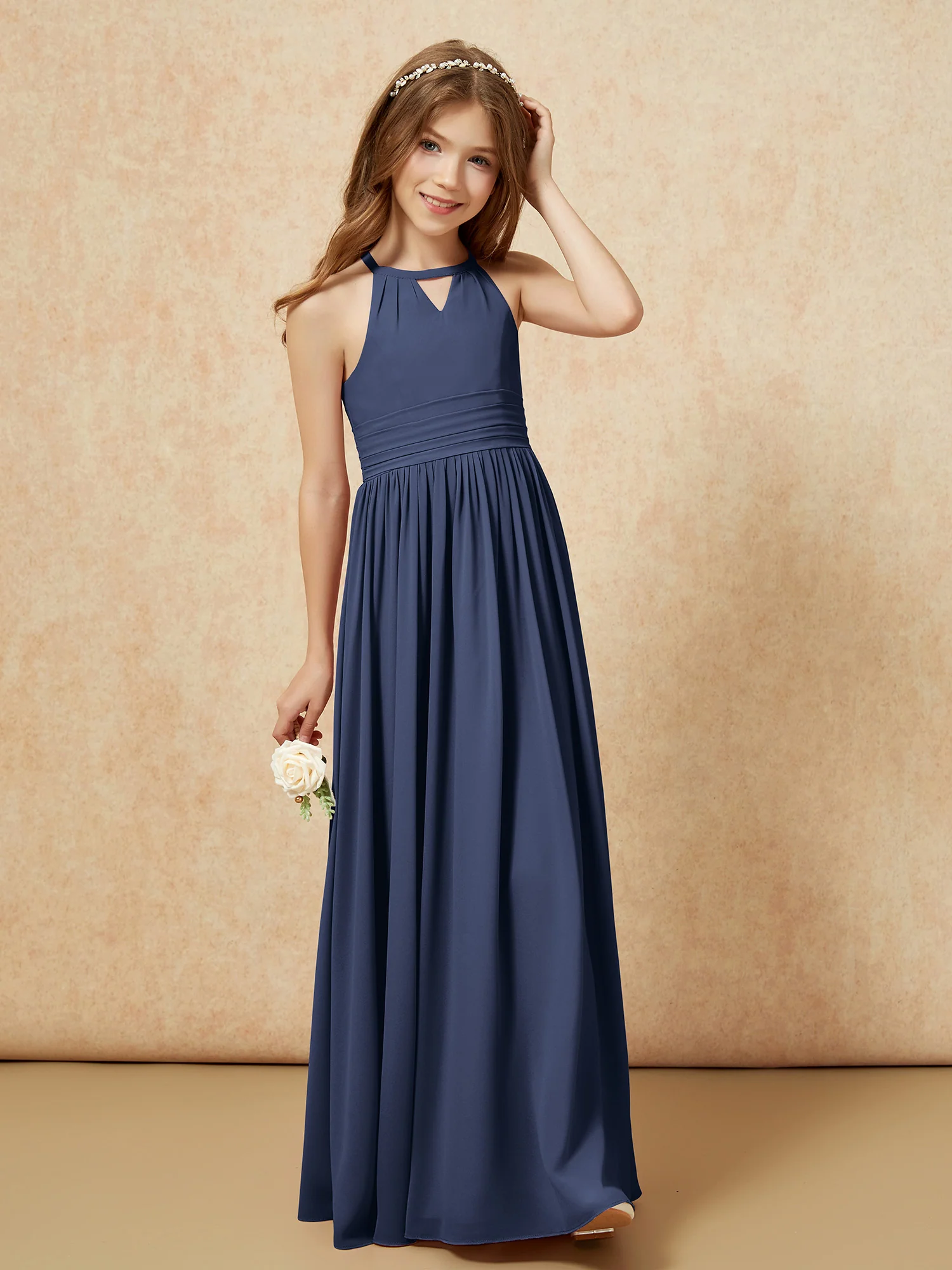 Halter Sleeveless Long Chiffon Junior Bridesmaid Dress Dark Navy - Image 4