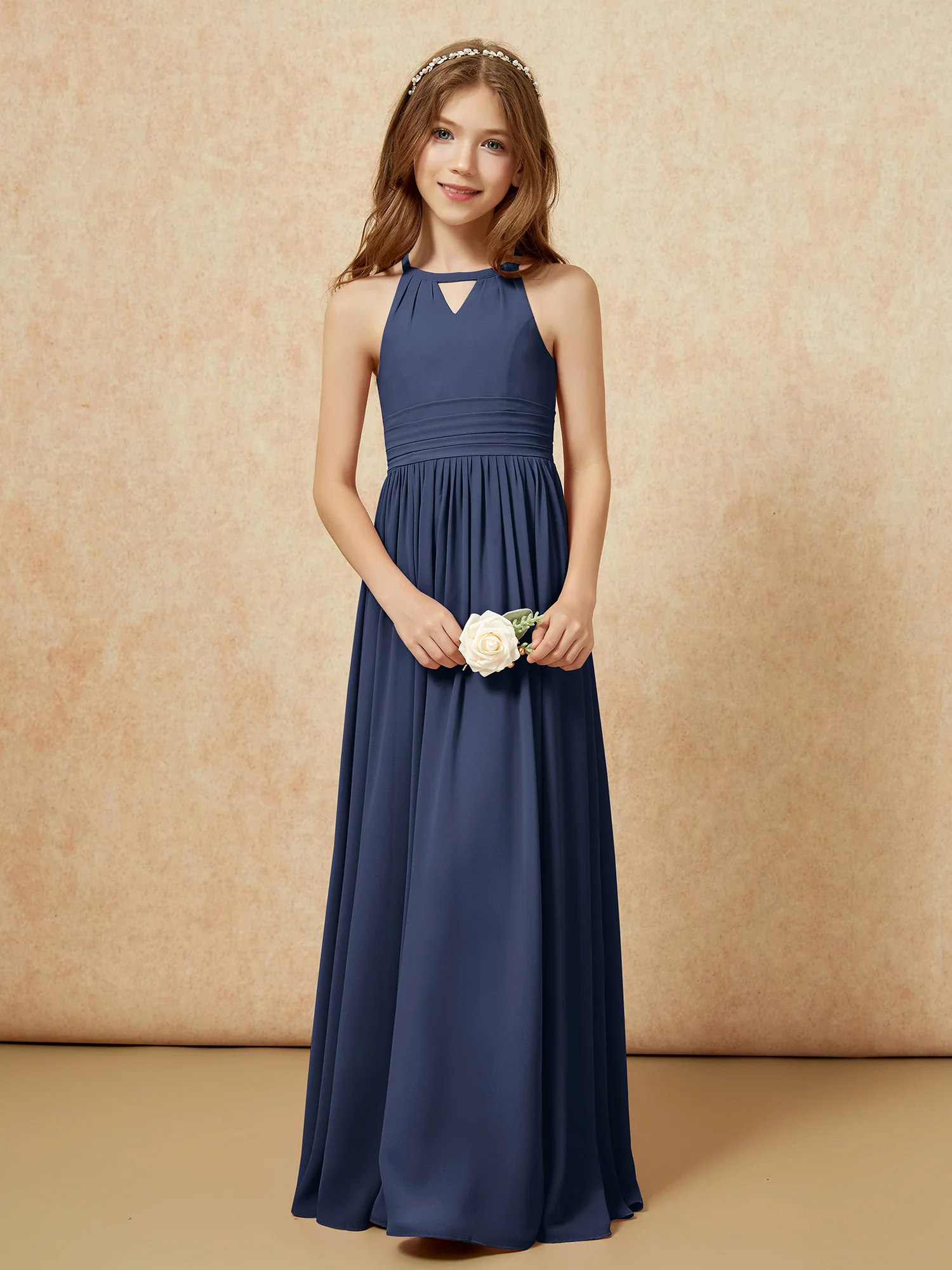 Halter Sleeveless Long Chiffon Junior Bridesmaid Dress Dark Navy - Image 5