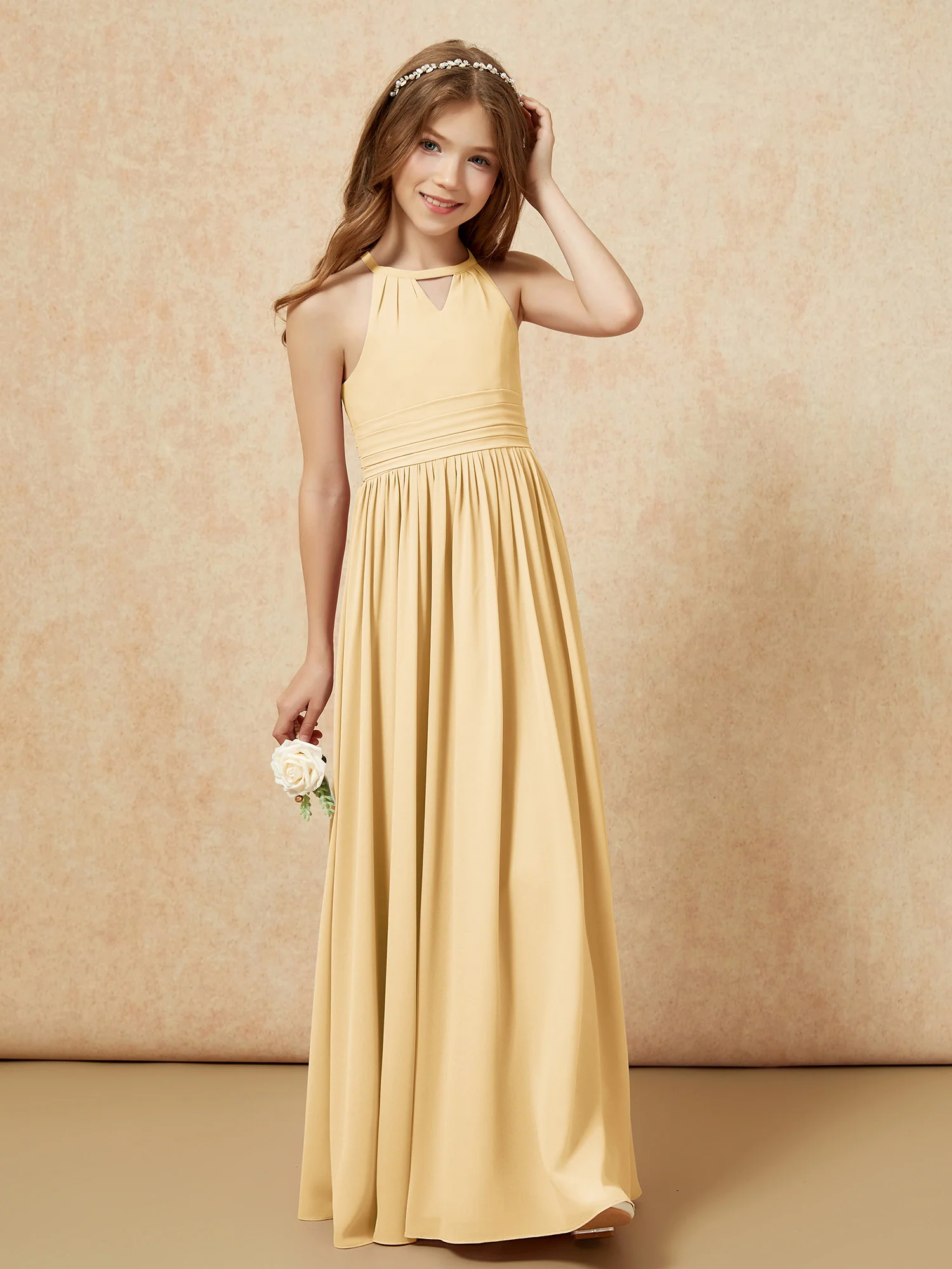 Halter Sleeveless Long Chiffon Junior Bridesmaid Dress Gold - Image 4