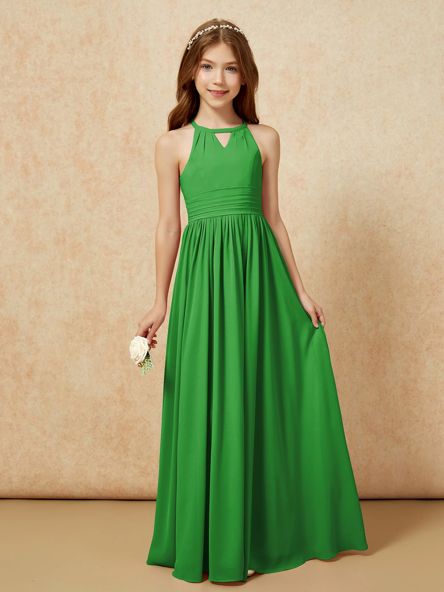 Halter Sleeveless Long Chiffon Junior Bridesmaid Dress Green