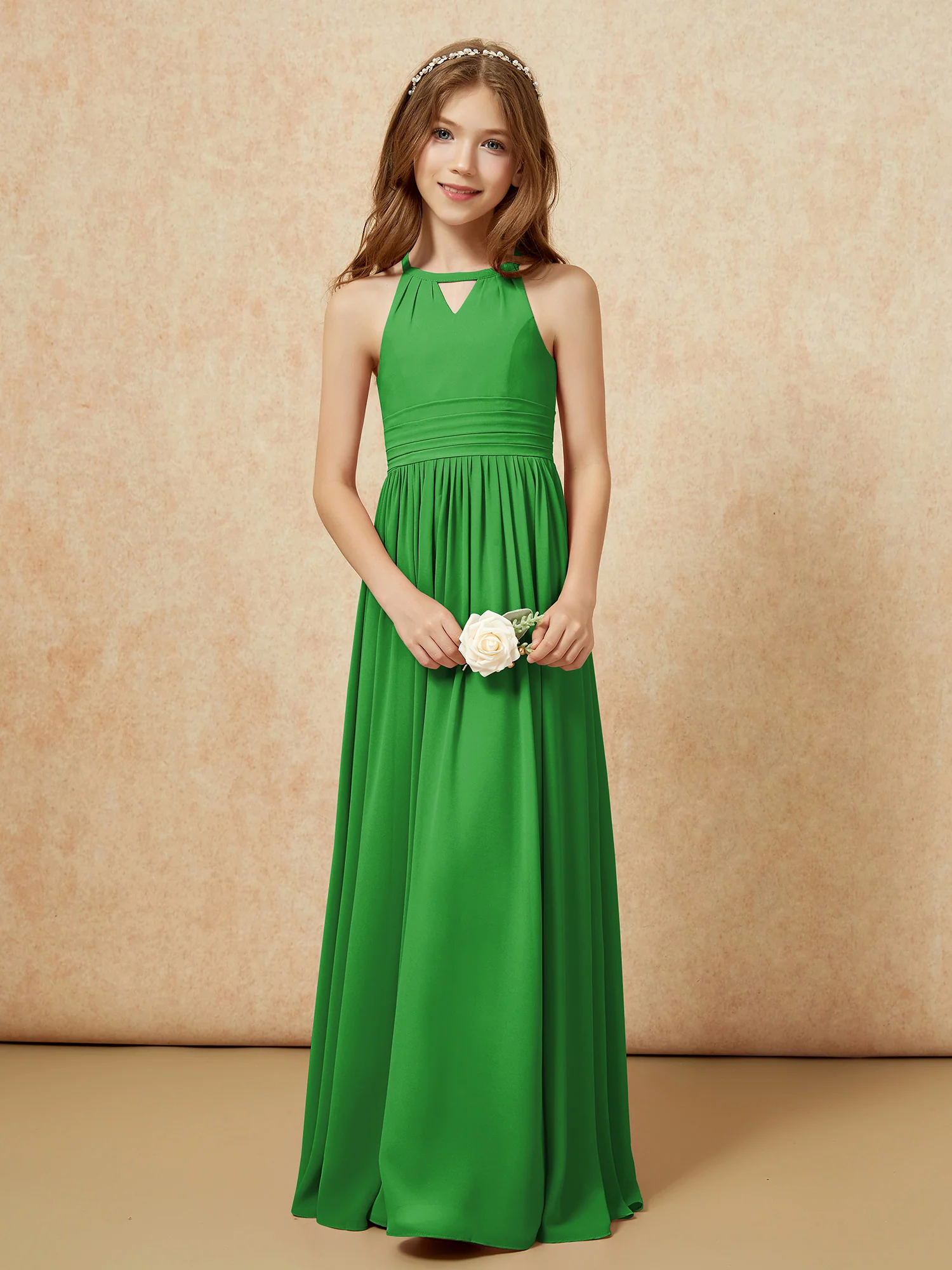 Halter Sleeveless Long Chiffon Junior Bridesmaid Dress Green - Image 5