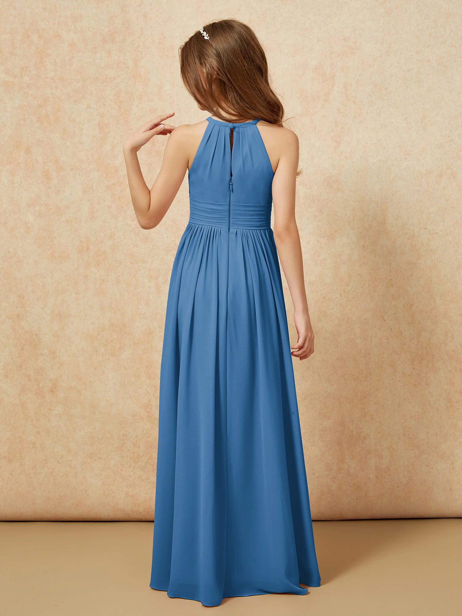 Halter Sleeveless Long Chiffon Junior Bridesmaid Dress Ink Blue - Image 2