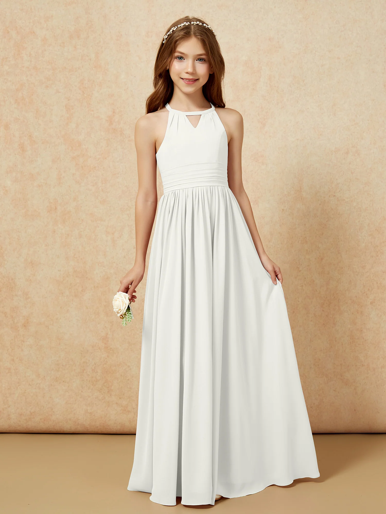 Halter Sleeveless Long Chiffon Junior Bridesmaid Dress Ivory